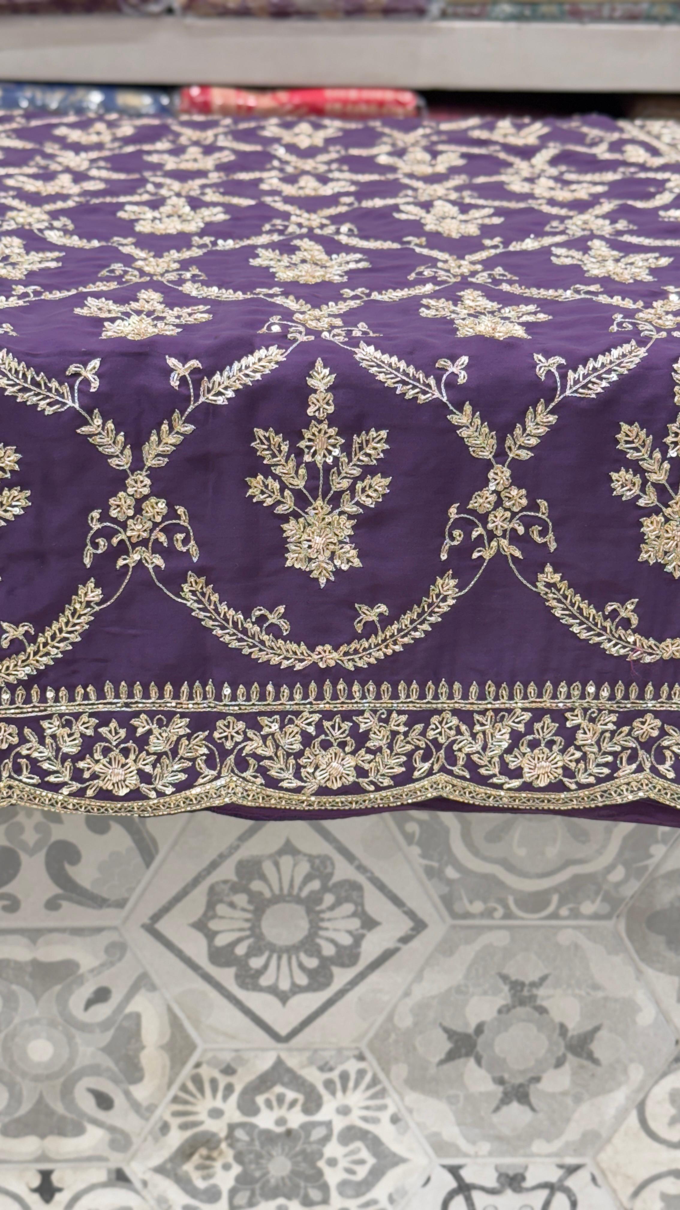 Purple Pure Satin Hand Embroidered Zardozi Saree