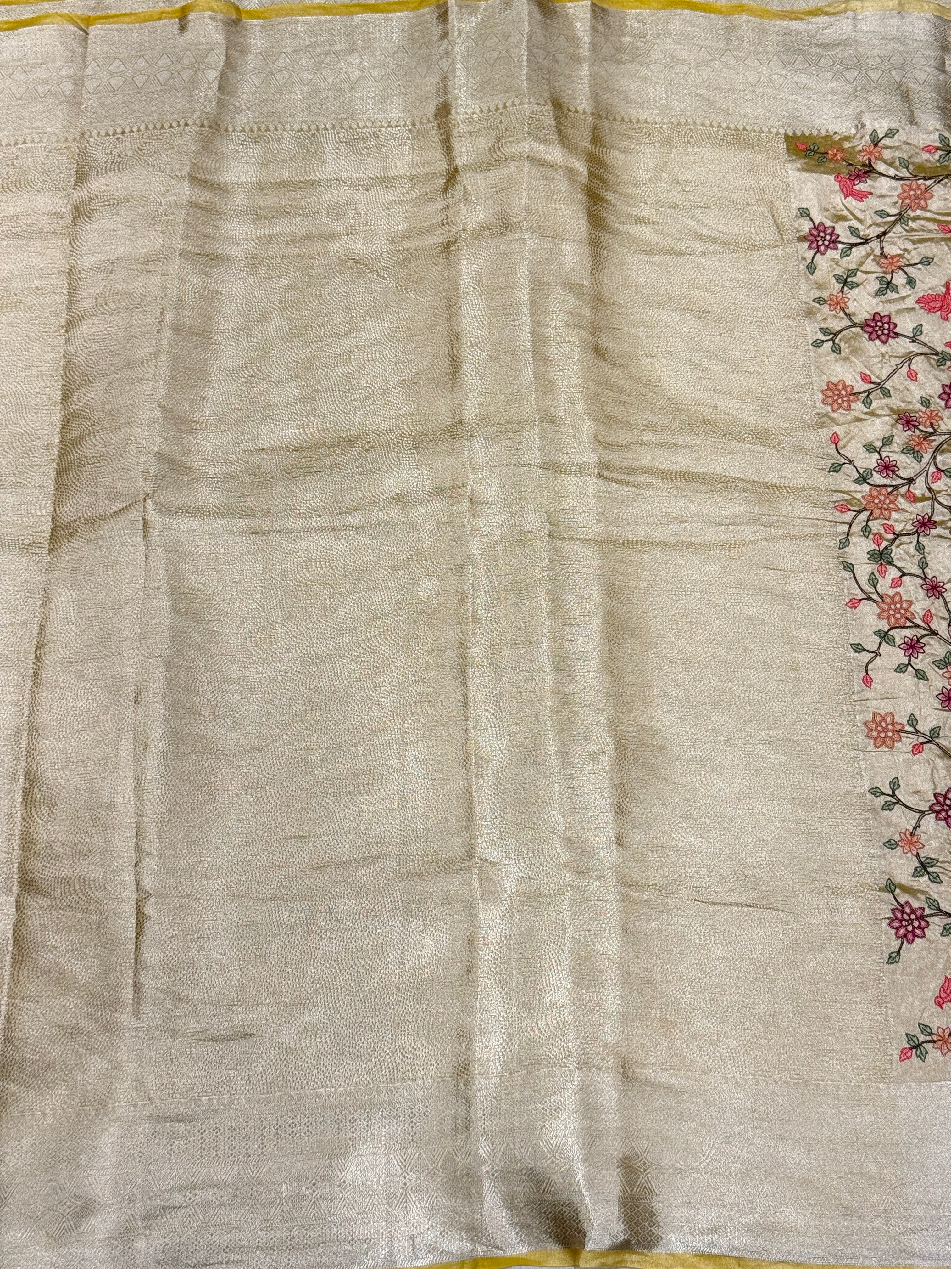 Yellow Handloom Tissue Peacock Contemporary Resham Embroidery Saree
