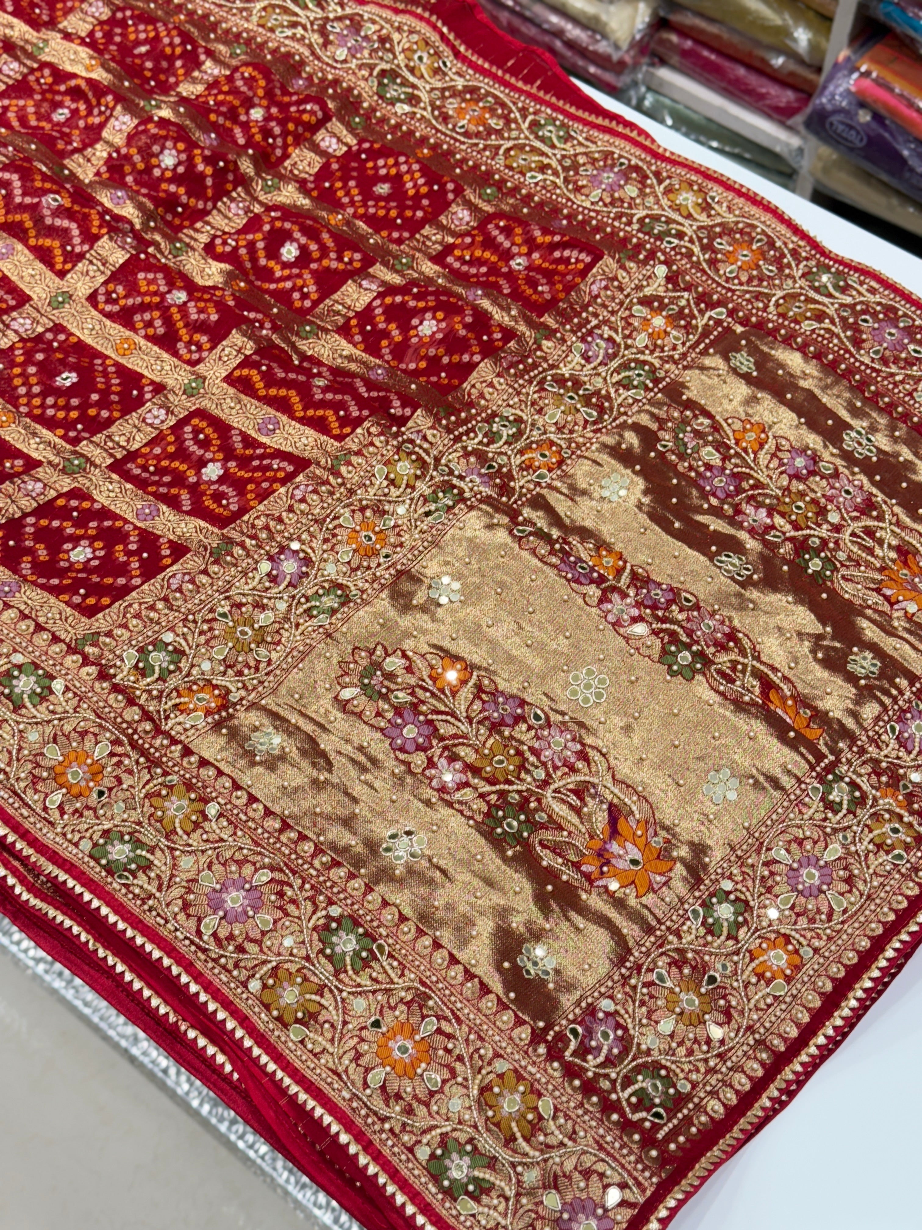 Red Gharchola Meenakari Moti Hand Embroidery Saree