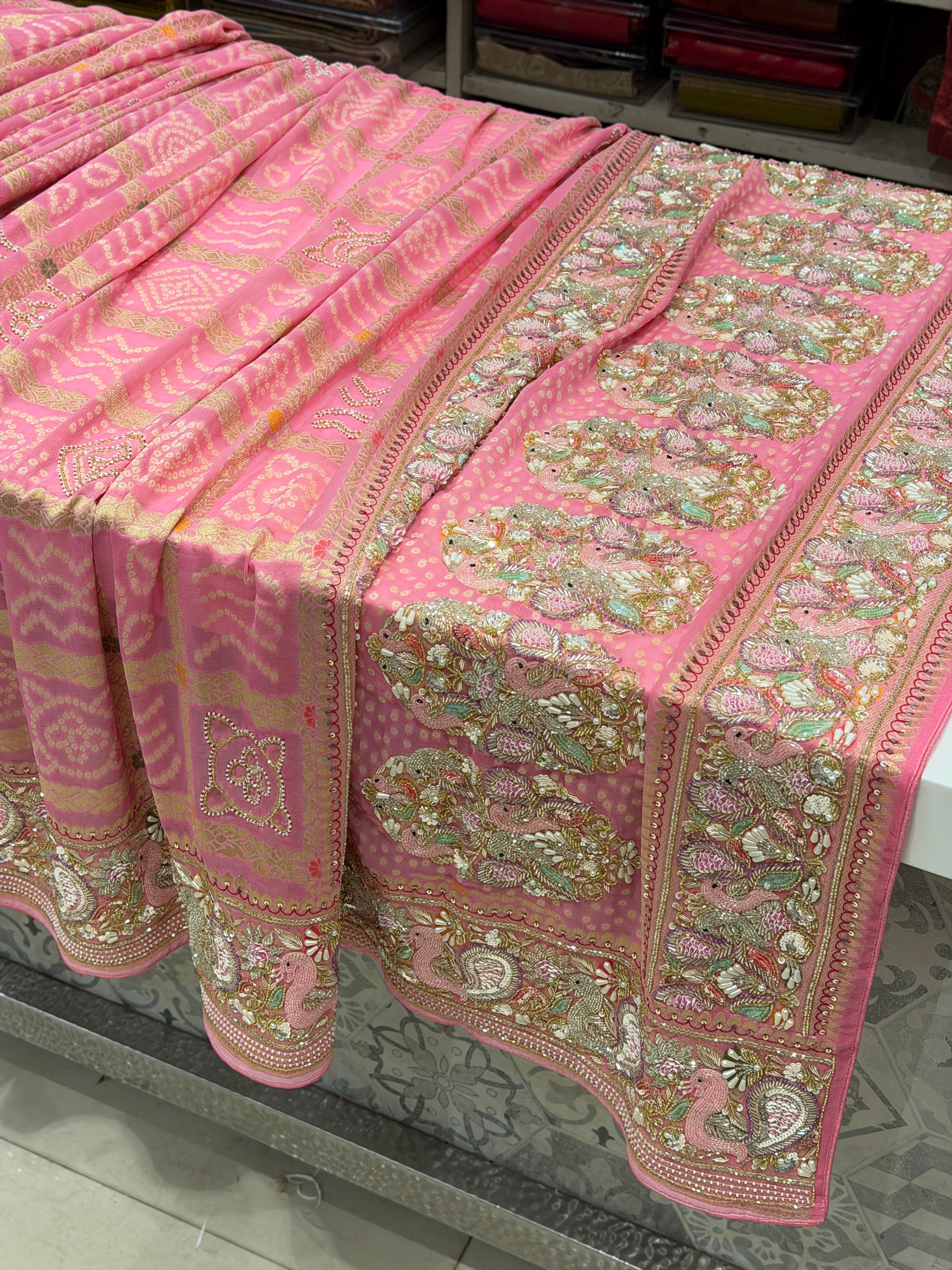 Pink Gharchola Moti Sequin Zardosi Hand Embroidery Georgette Saree