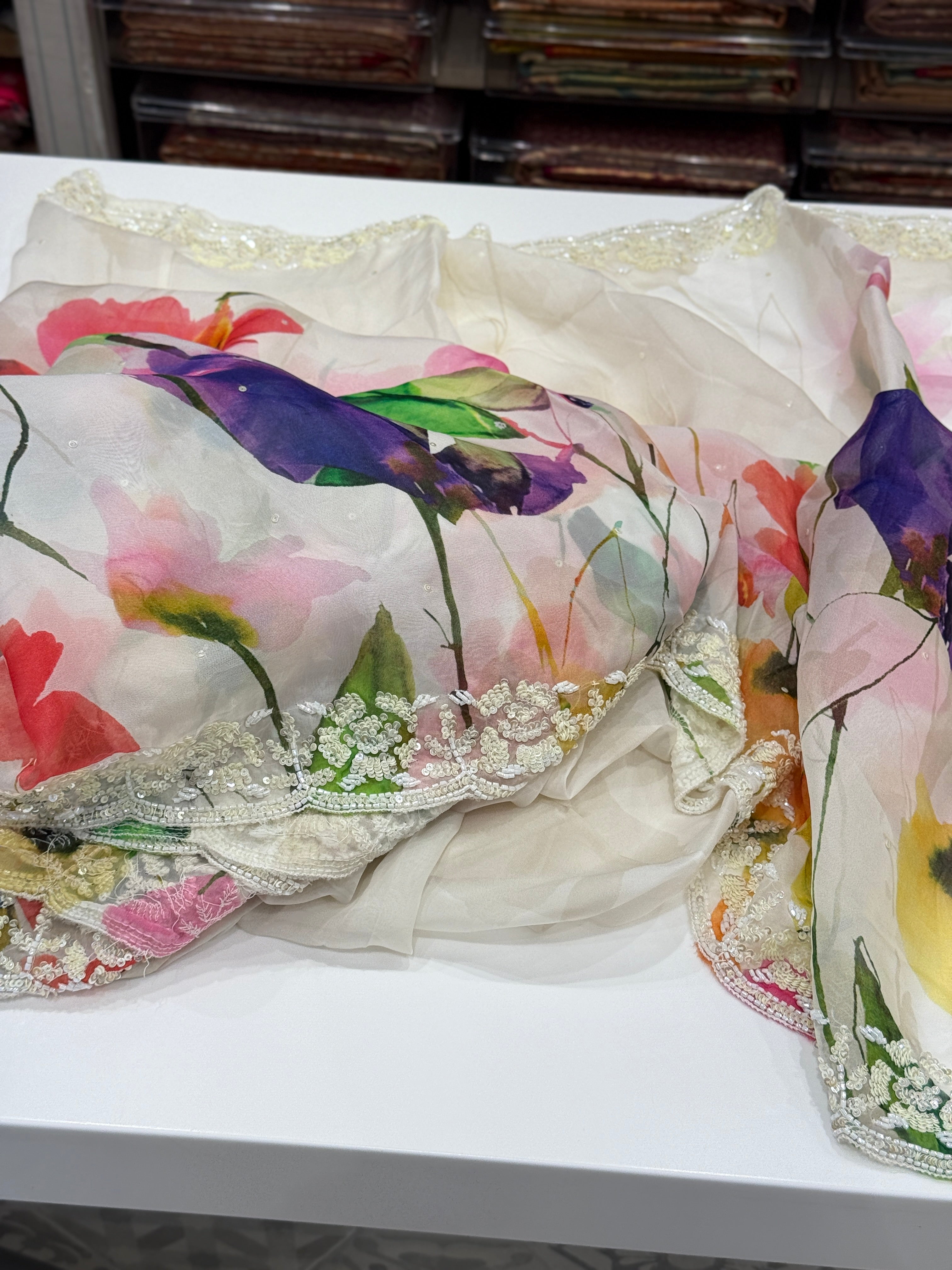 Multi Colour Print Muslin Border Heavy Hand Embroidery Saree