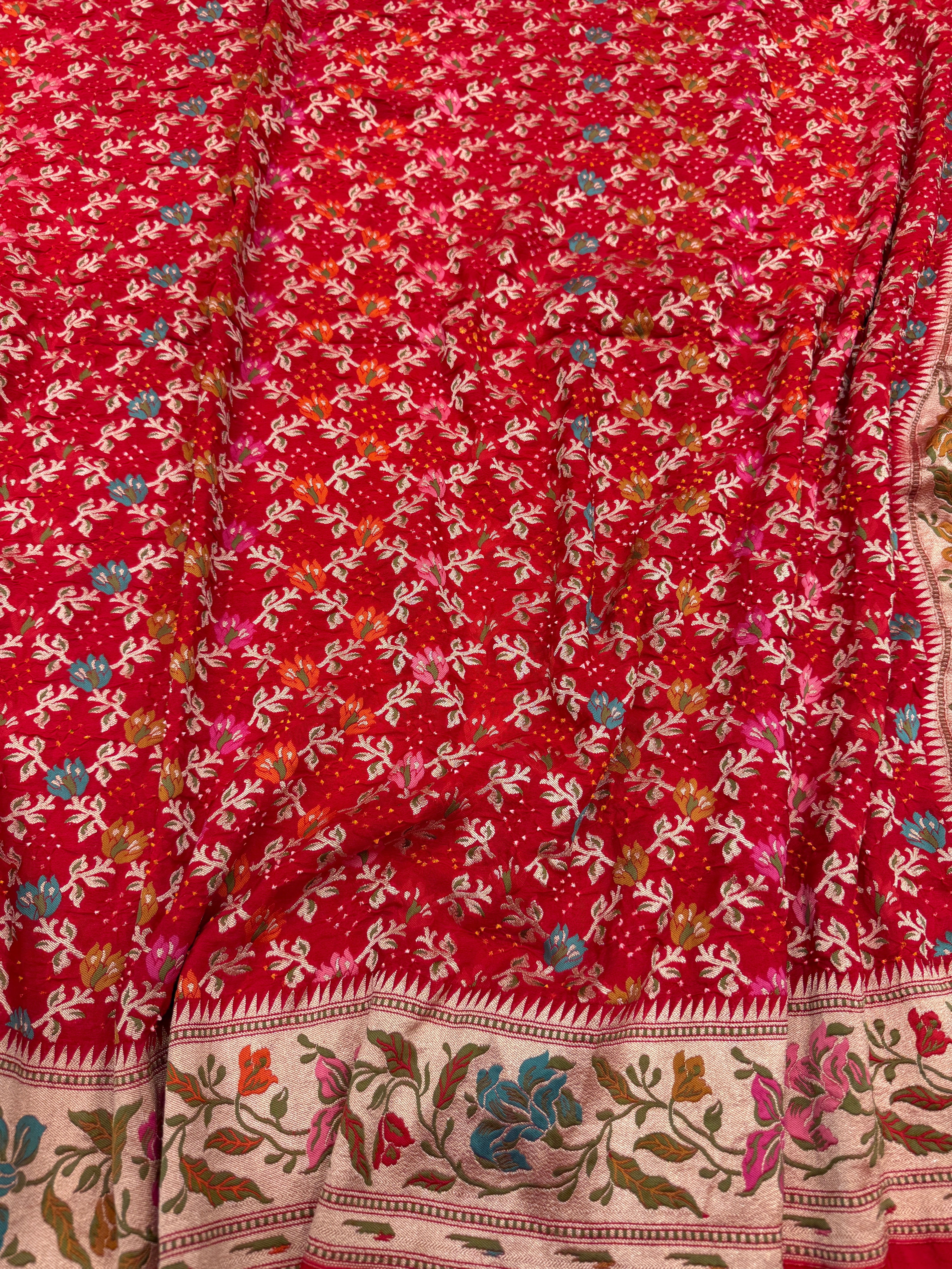 Red Meenakari Floral Jaal Rai Bandhej Georgette Bandhini Saree