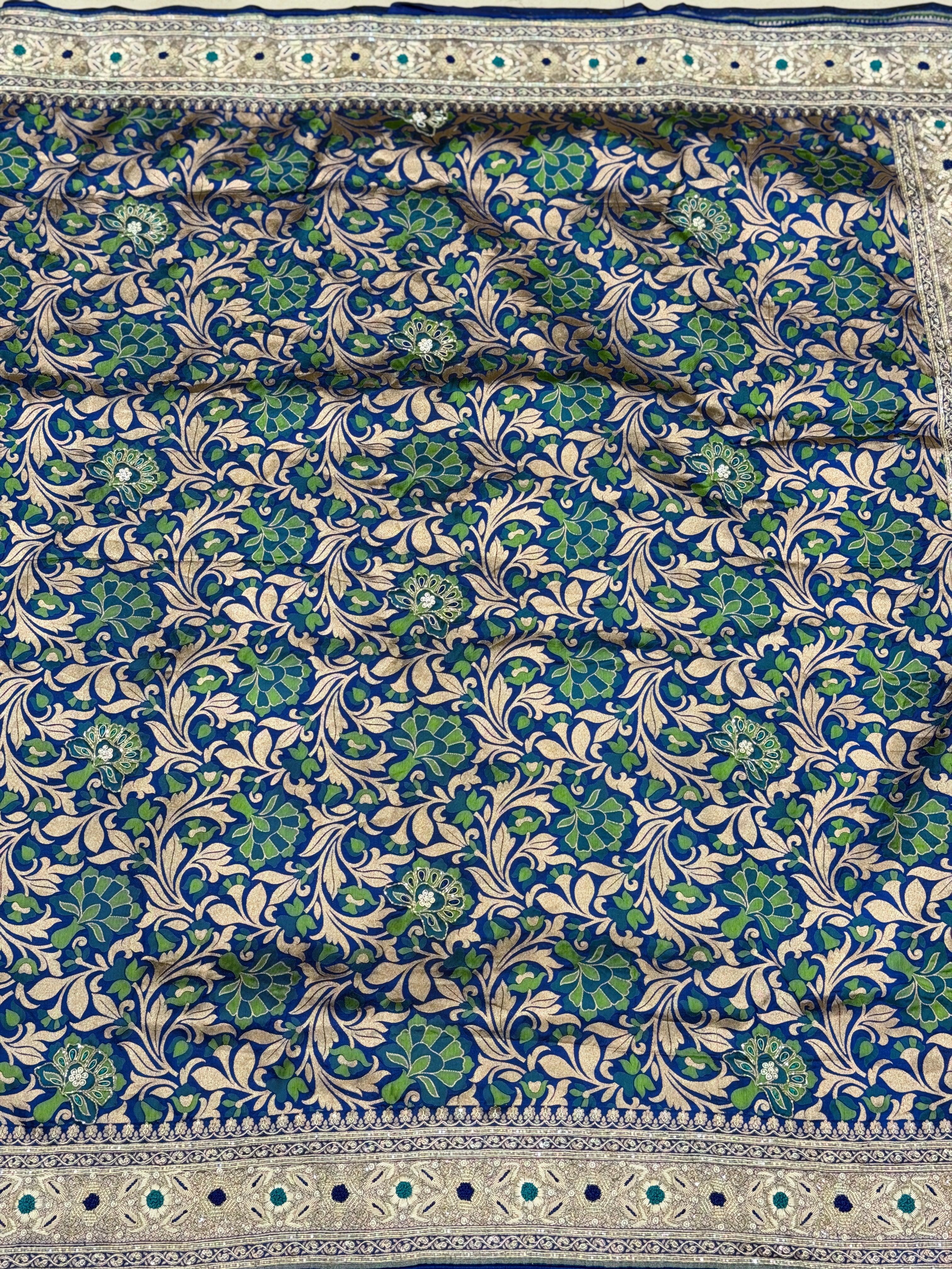 Blue Green Floral Handloom Banarasi Katan Silk Zardosi Hand Embroidery Saree
