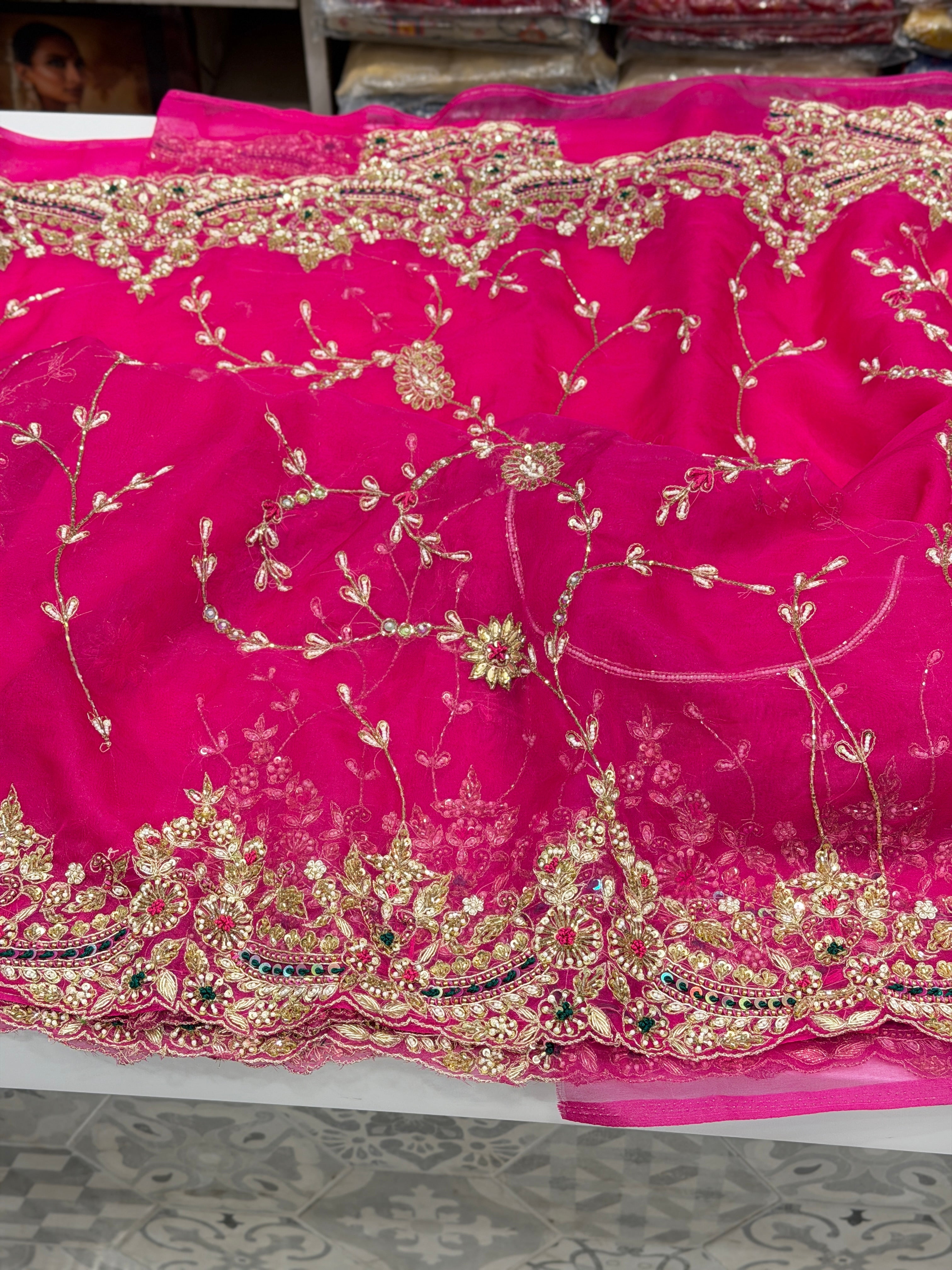 Rani Pink Organza Zardosi Resham Hand Embroidery Saree