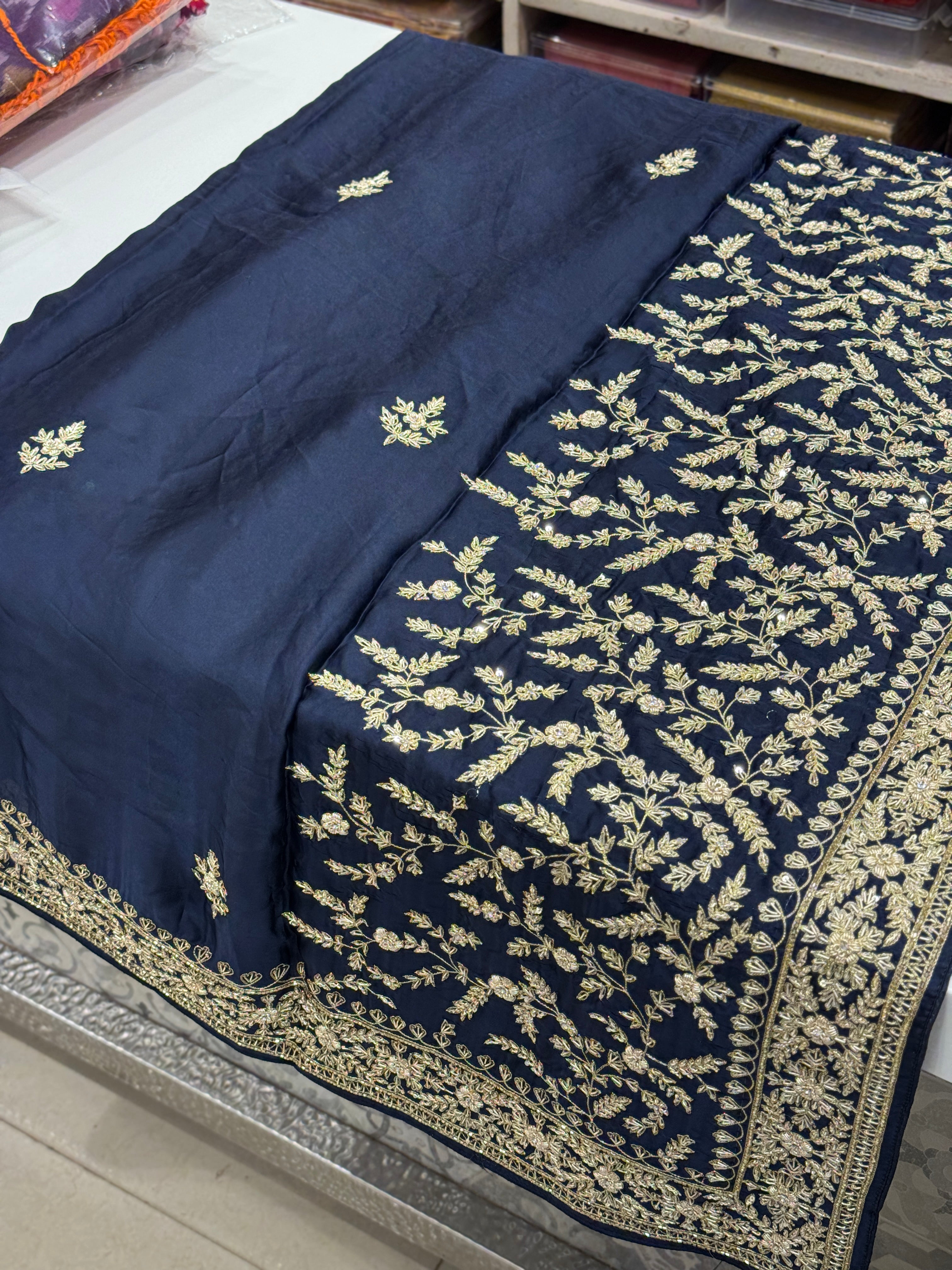 Blue Border Pan Butti Satin Hand Embroidered Zardosi Saree