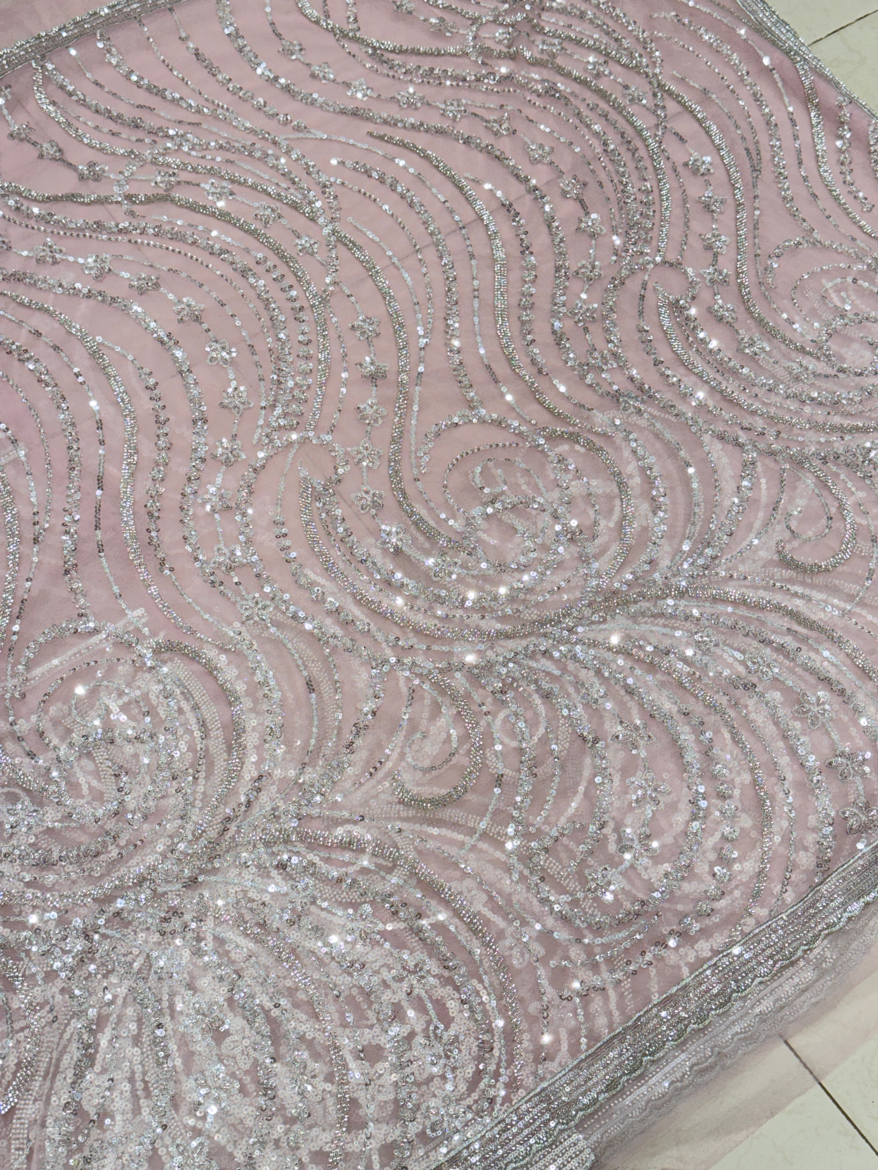 Pink Soft Net Sequin Moti Embroidery Saree