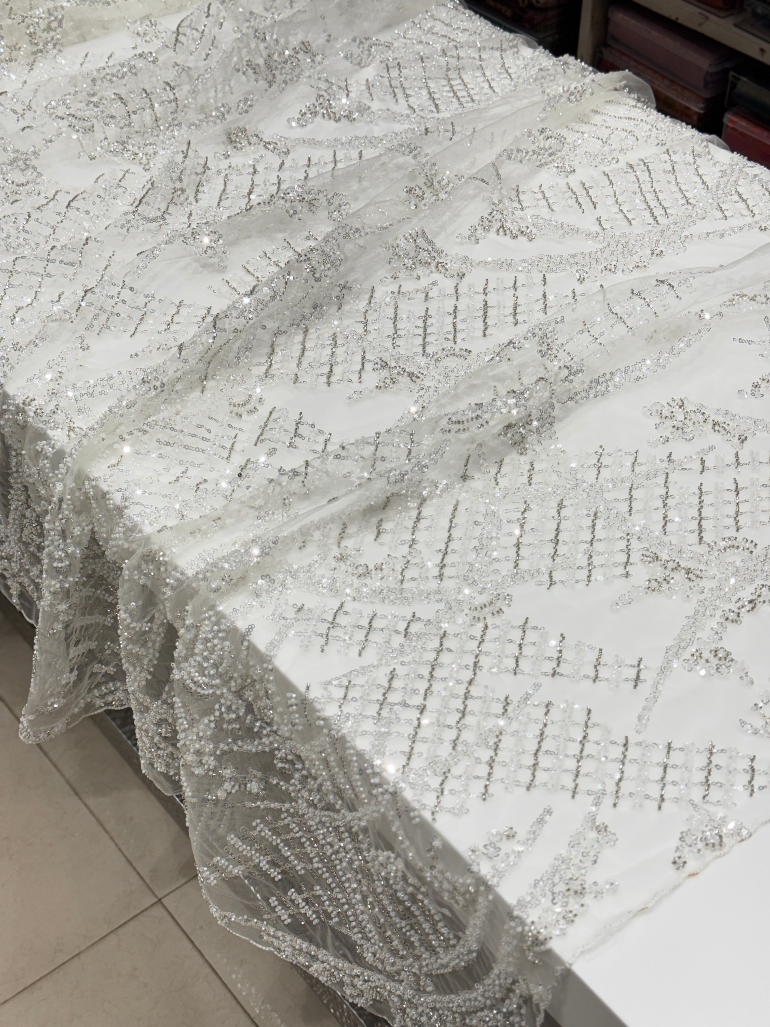 White Net Embroidery Moti Cutdana Soft Saree