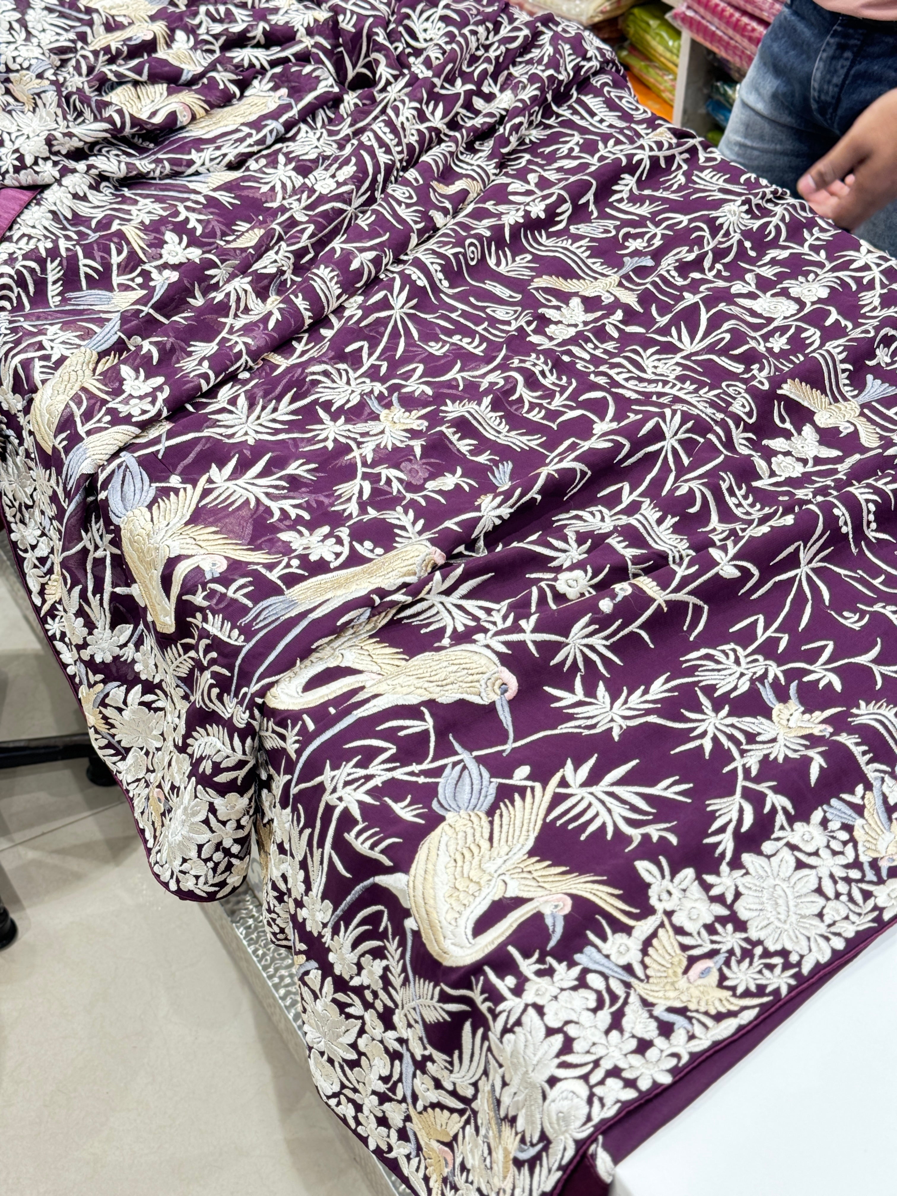 Wine Georgette Flying Flamingo Parsi Gara Saree