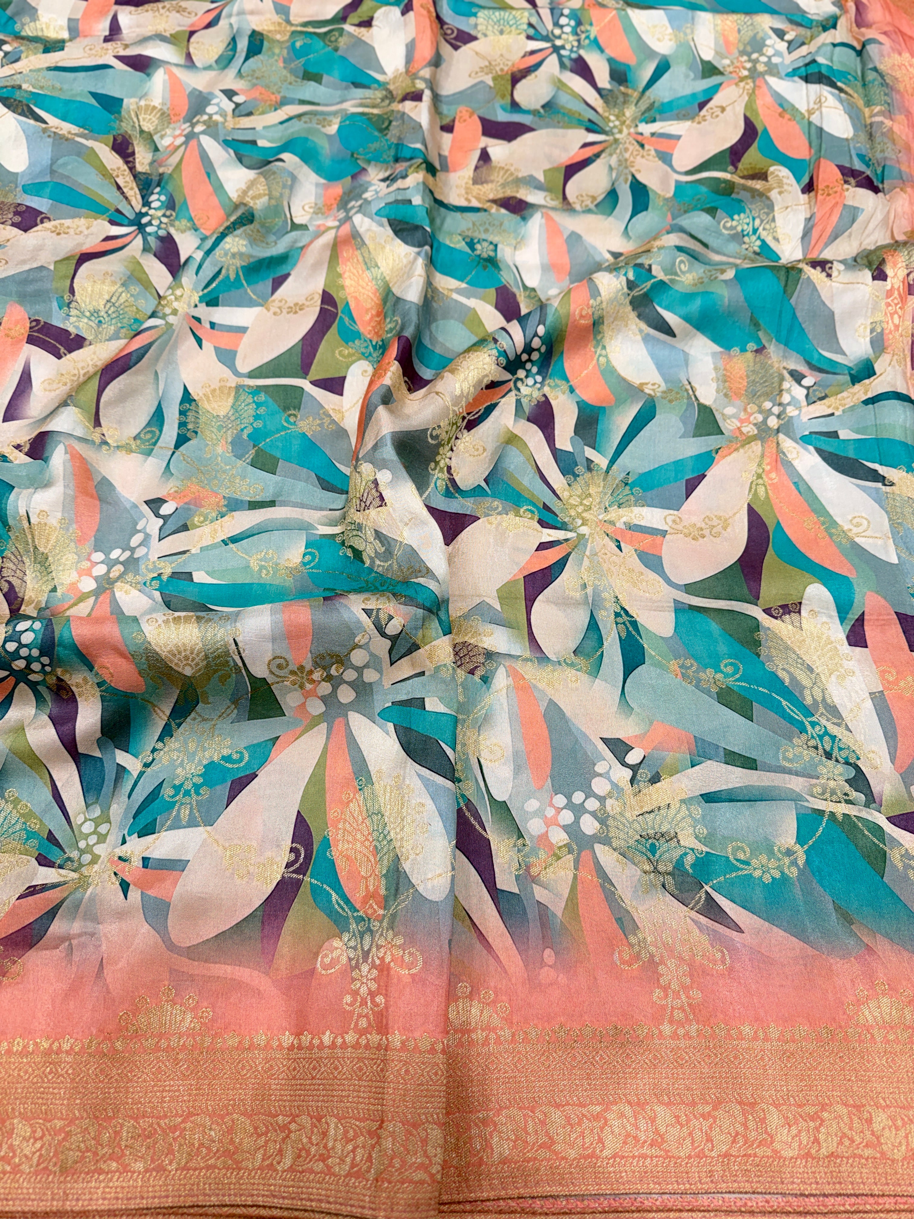 Abstract Floral Multi Colour Print Munga Soft Silk Saree