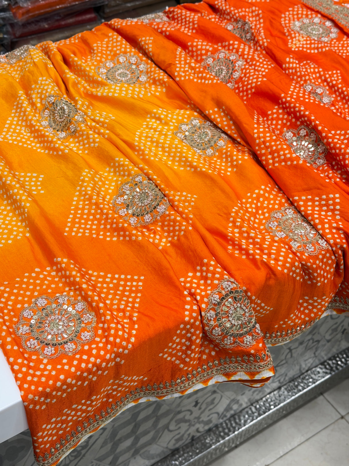 Orange Shaded Gajji Silk Rai Bandhej Gotapatti Marodi Hand Embroidery Saree