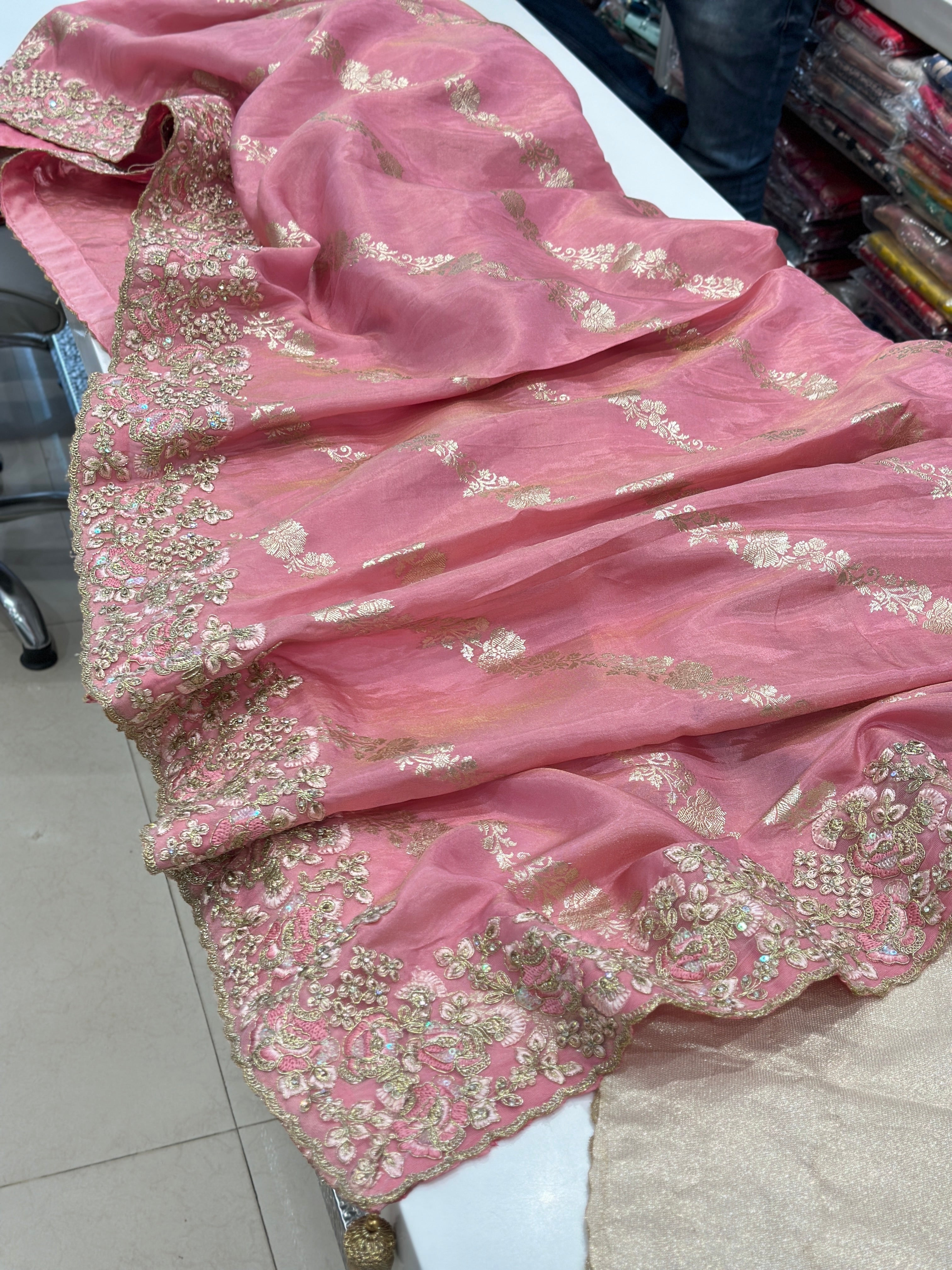 Pink Crepe Tissue Embroidery Saree