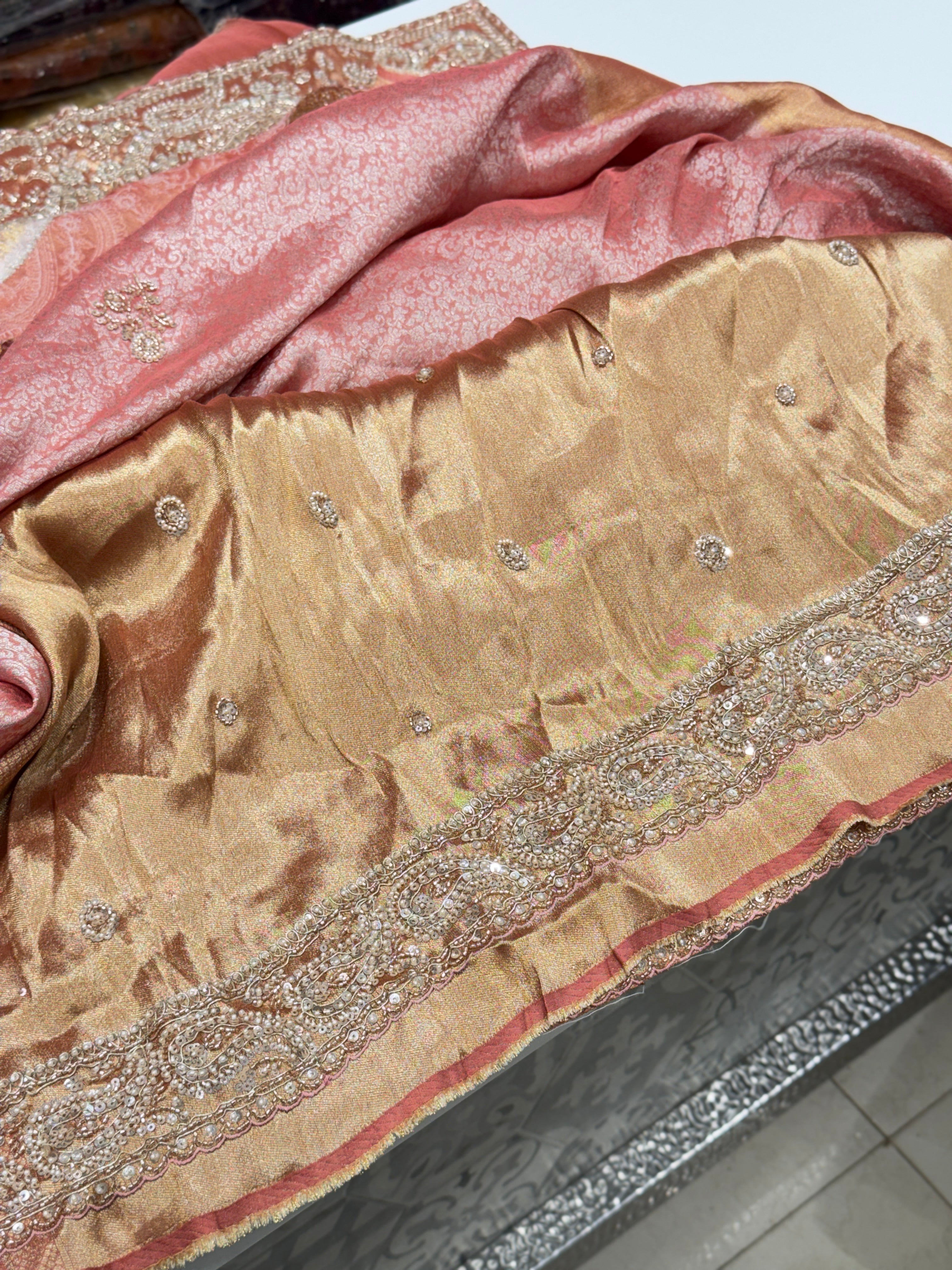 Pink Soft Silk Crystal Moti Embroidered Saree