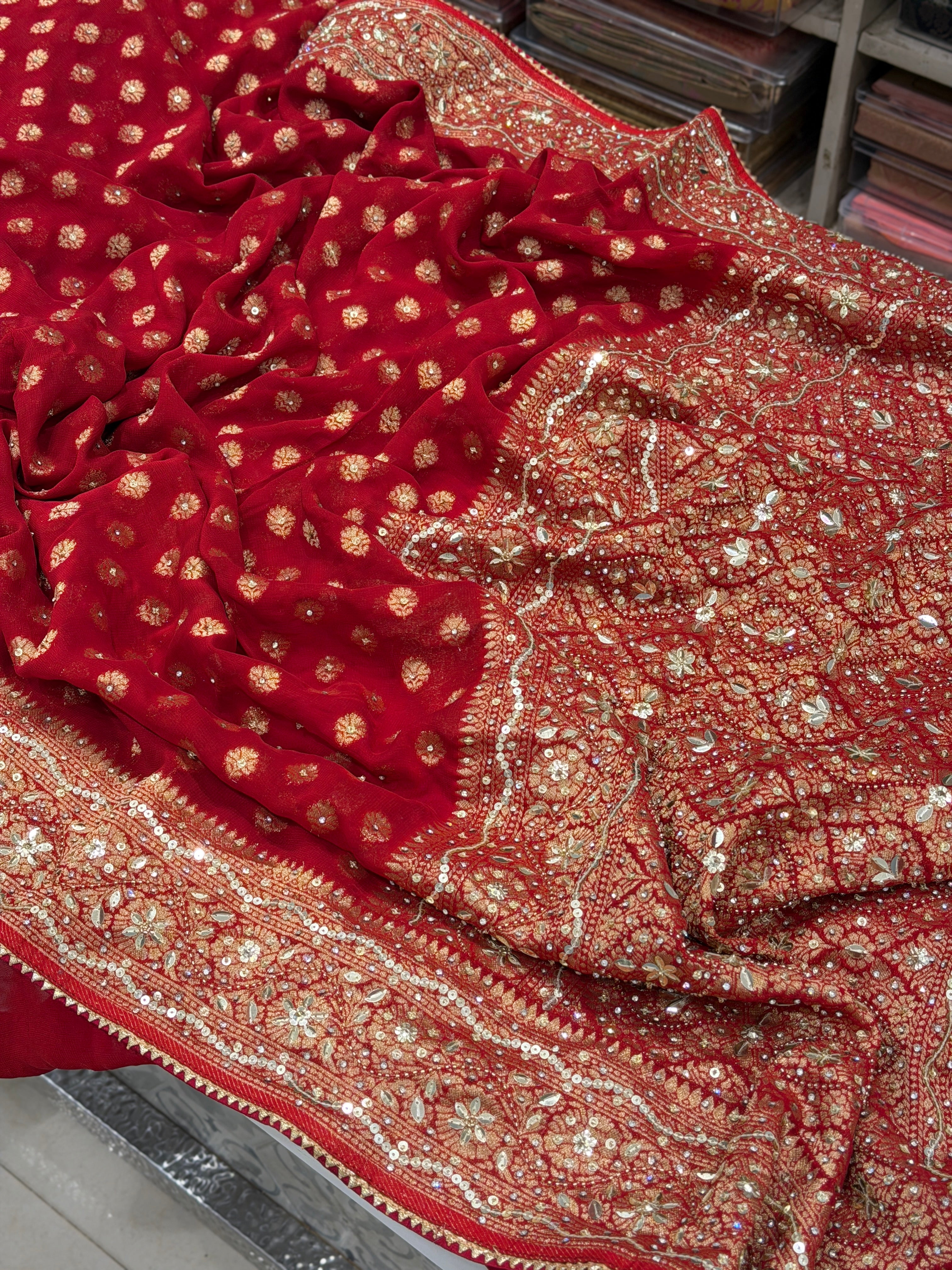 Red Banarasi Khaddi Georgette Butti Sequin Hand Embroidery Saree