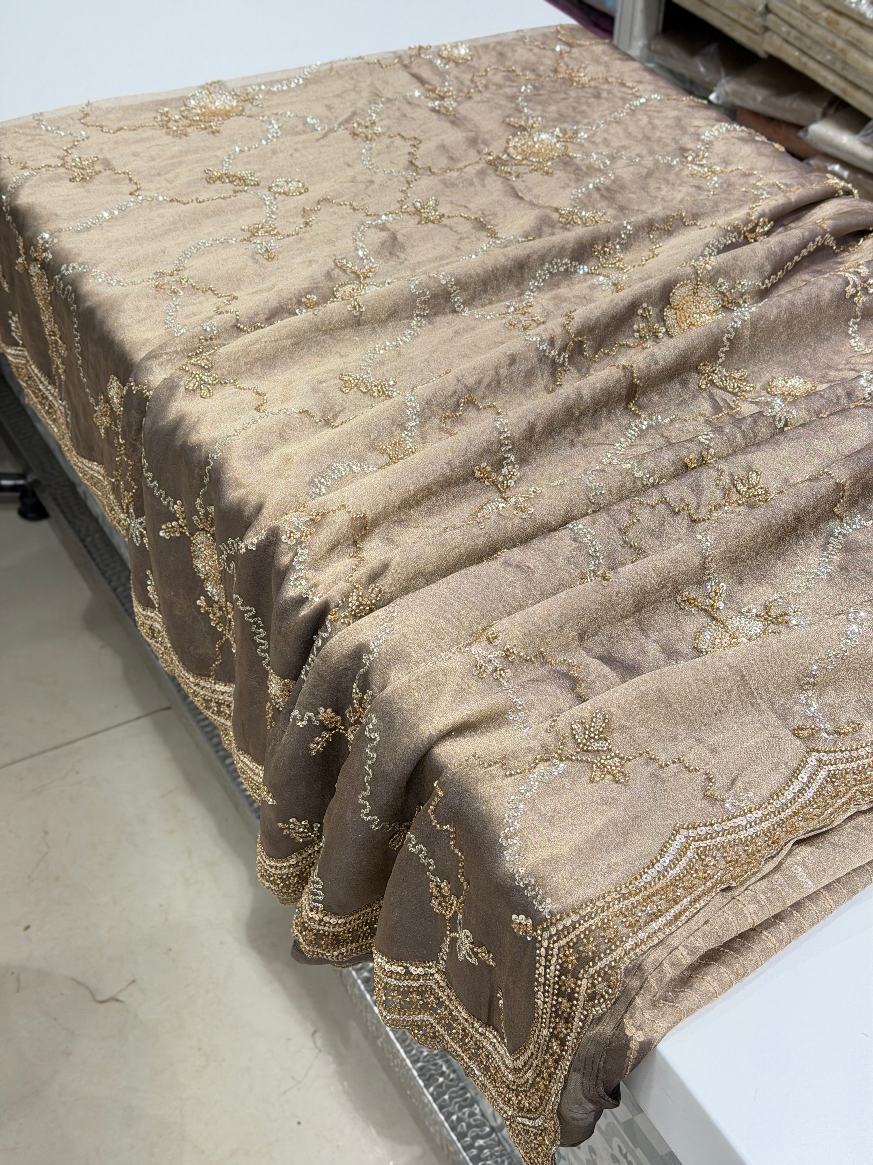 Dark Champagne Soft Tissue Moti Embroidery Jaal Saree