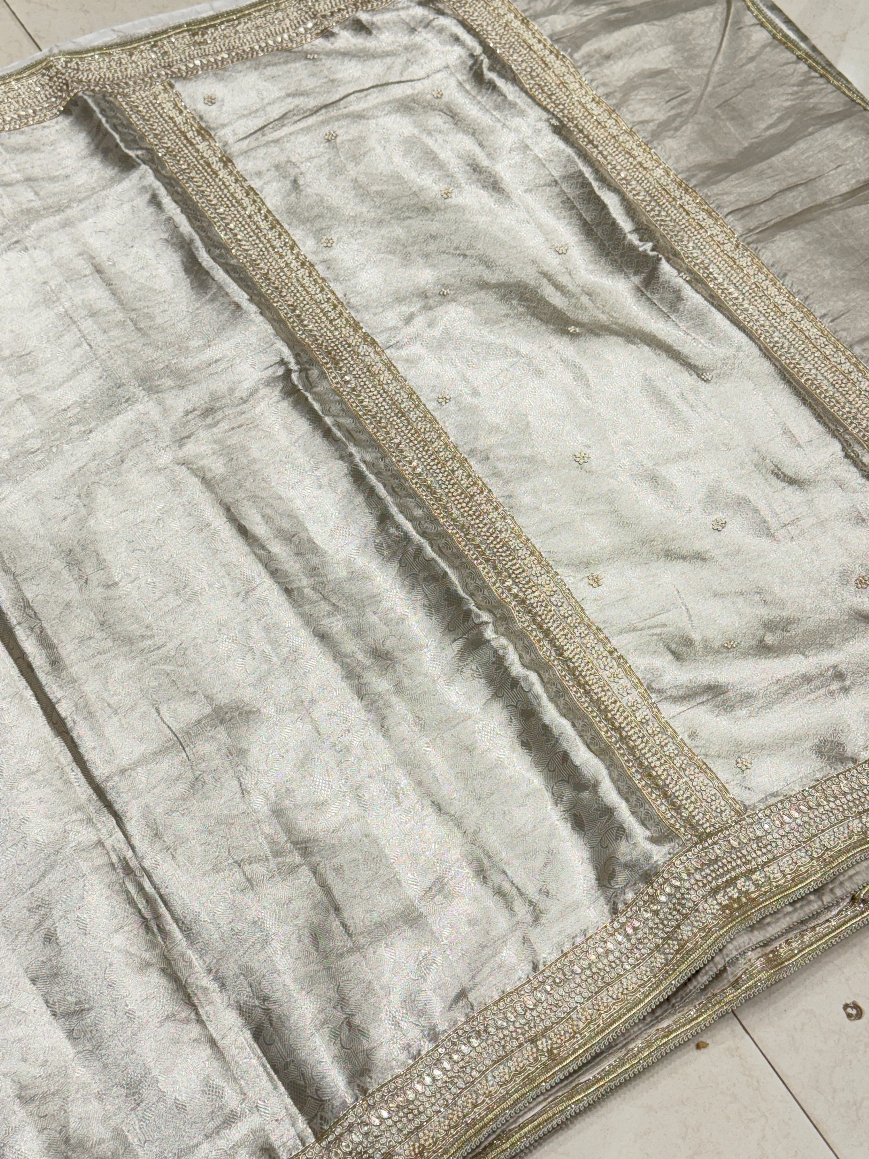 Silver Tissue Kanjivaram Moti Hand Embroidery Saree
