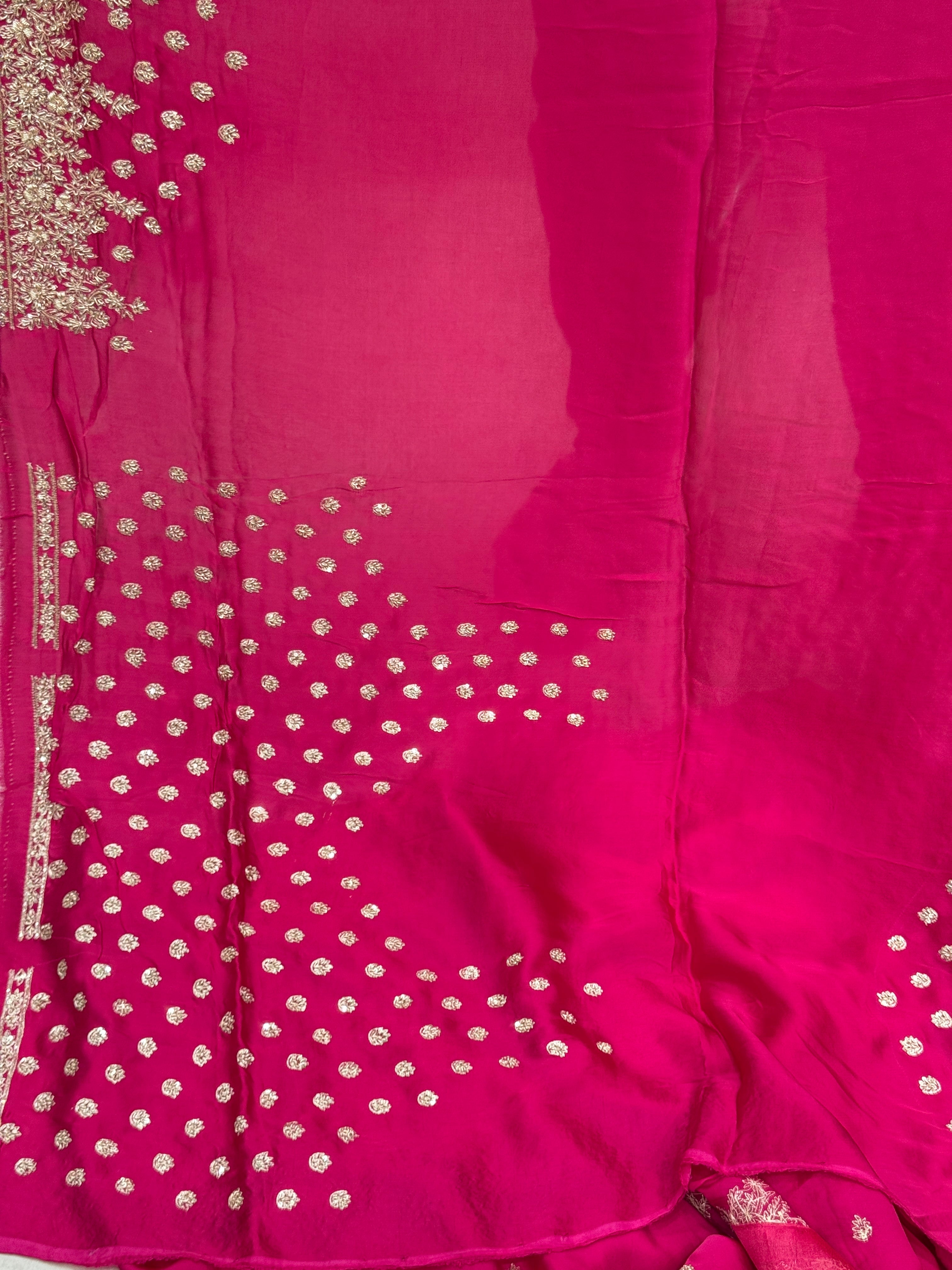 Rani Pink Small Buttis Satin Hand Embroidery Zardosi Saree