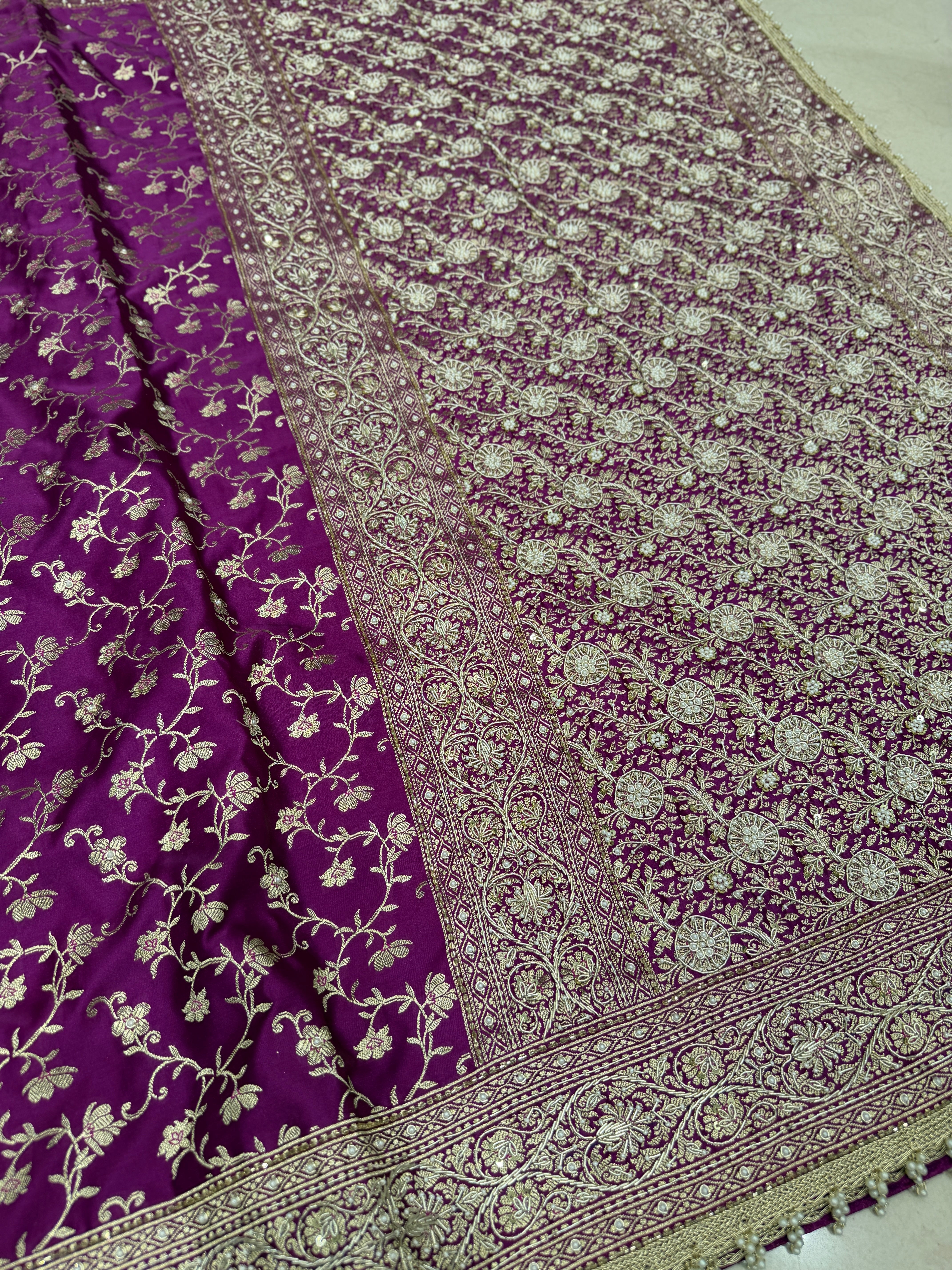 Wine Banarasi Perwinkle Jaal Zardozi Hand Embroidery Saree