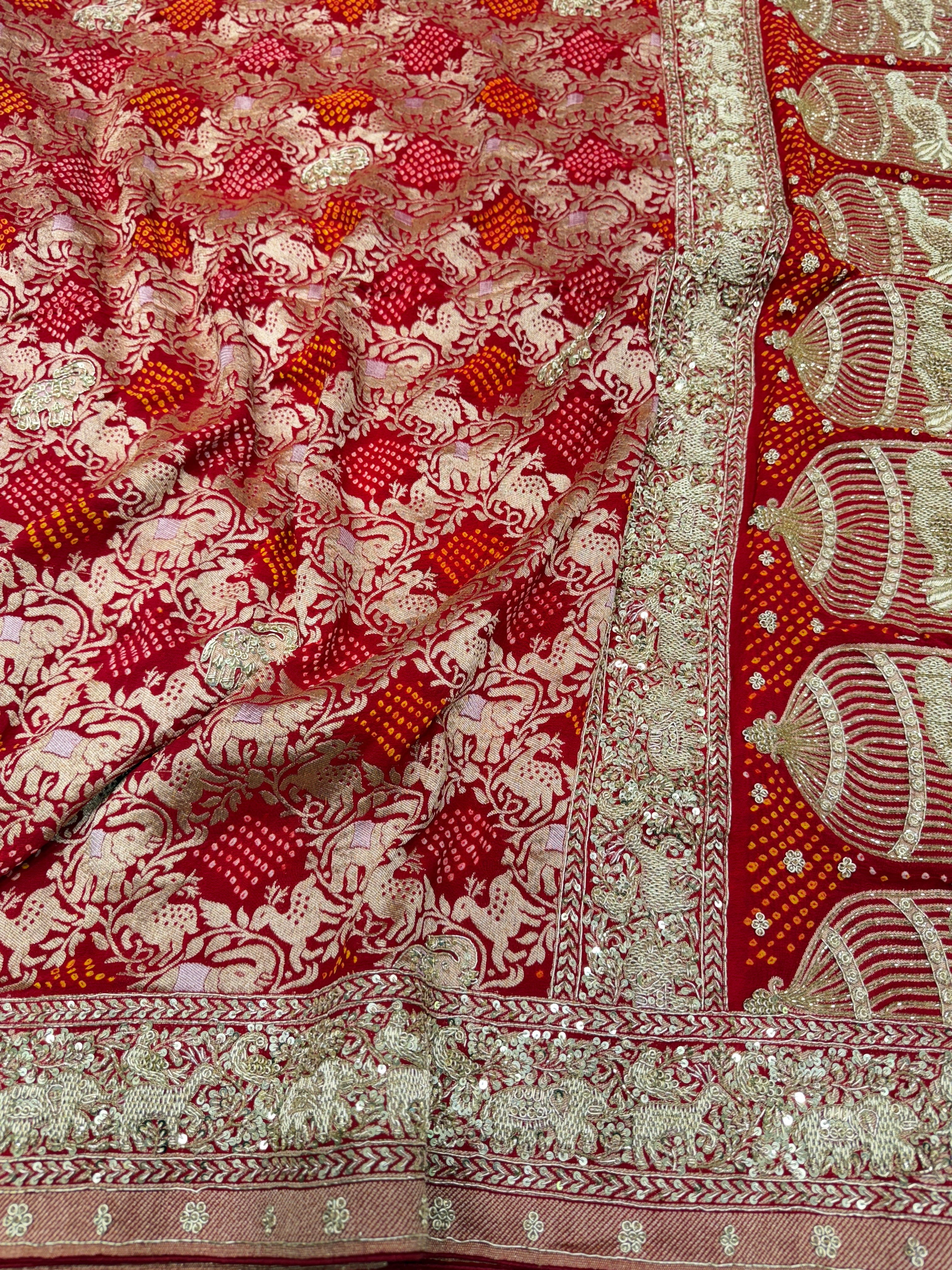 Red Shikara Sona Roopa Rai Bandhej Georgette Zardosi Hand Embroidery Saree