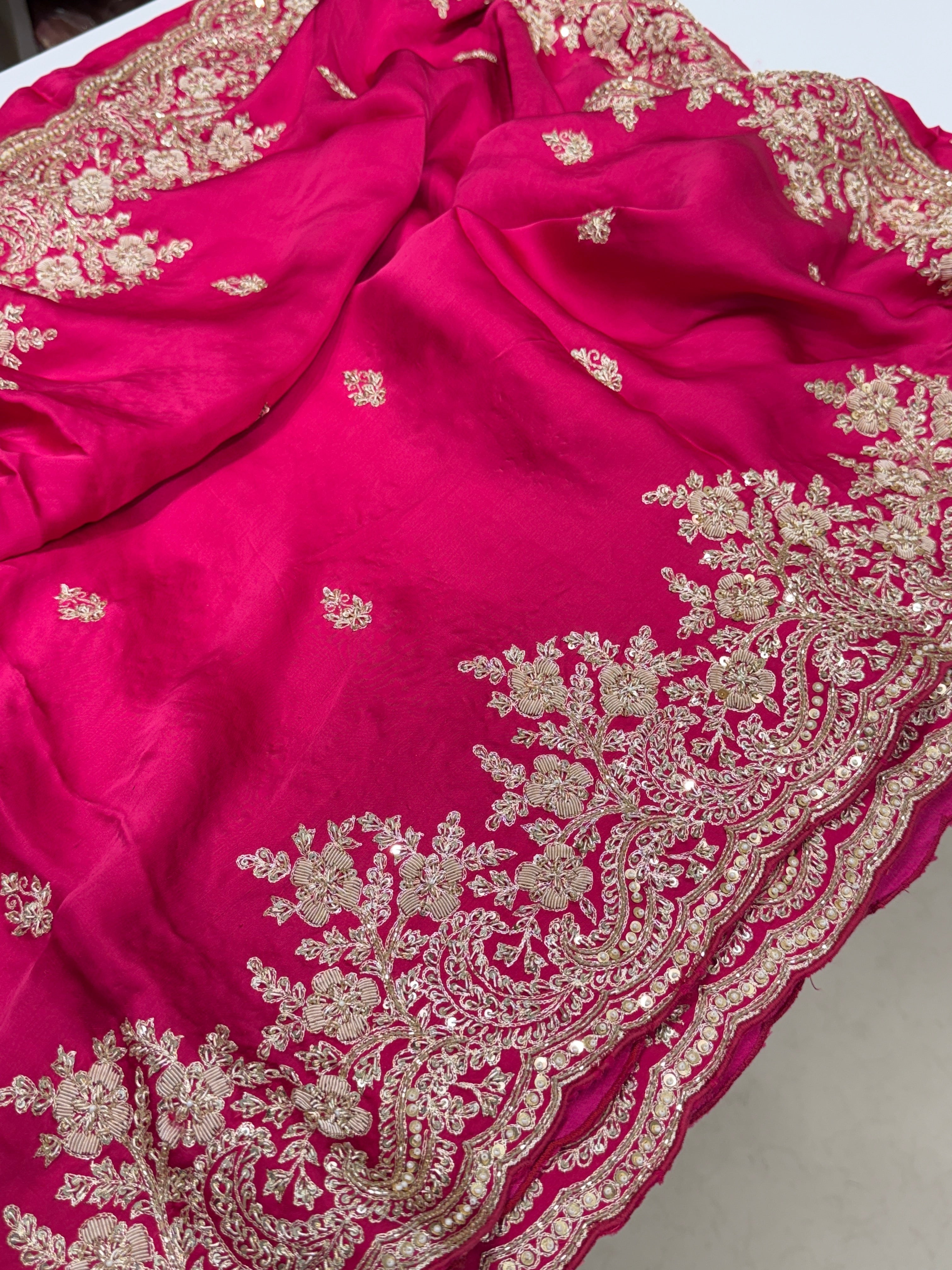 Rani Pink Buttis Satin Hand Embroidery Zardosi Saree