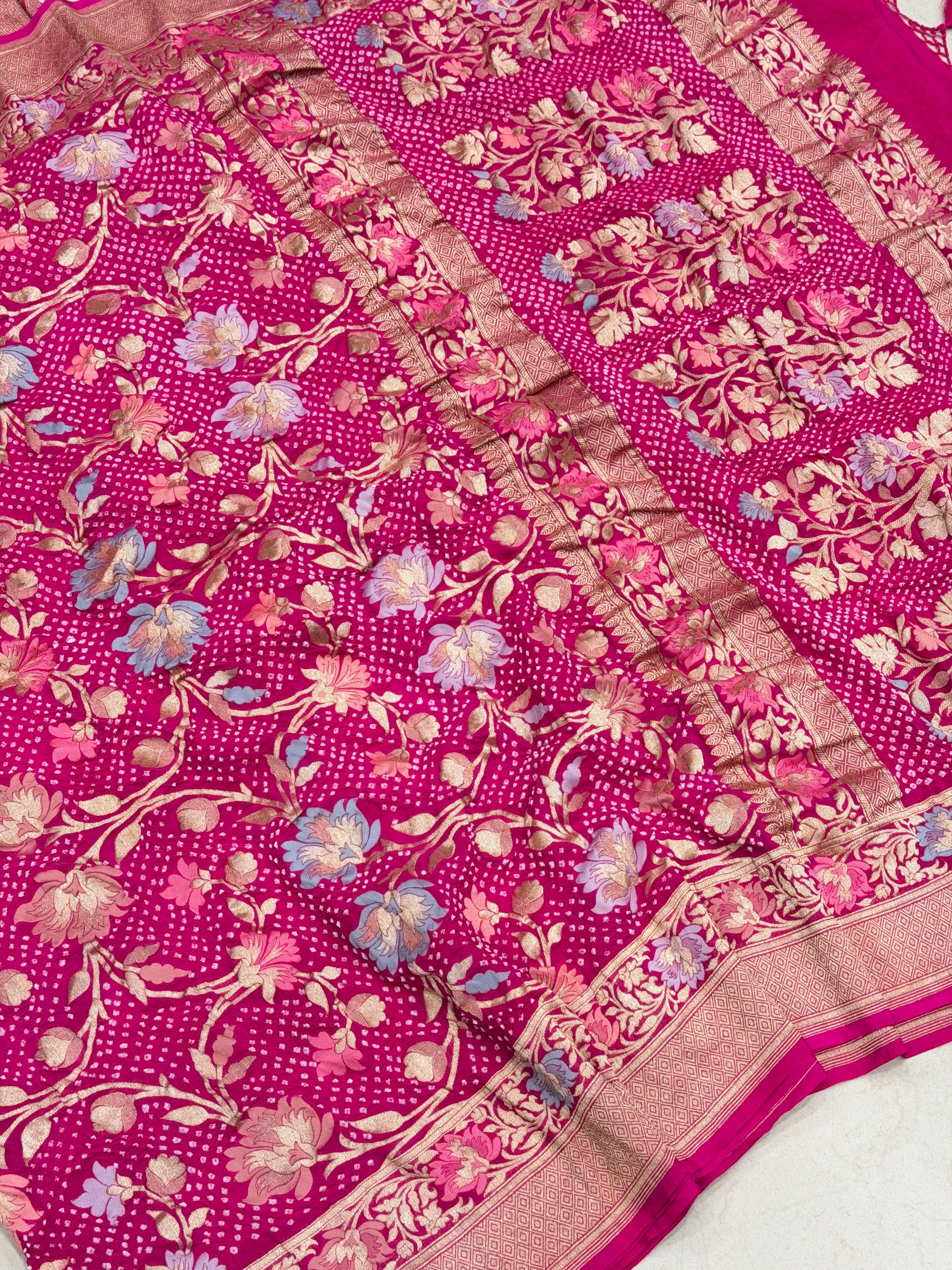 Rani Pink Jaal Meenakari Handloom Banarasi Georgette Rai Bandhej Saree