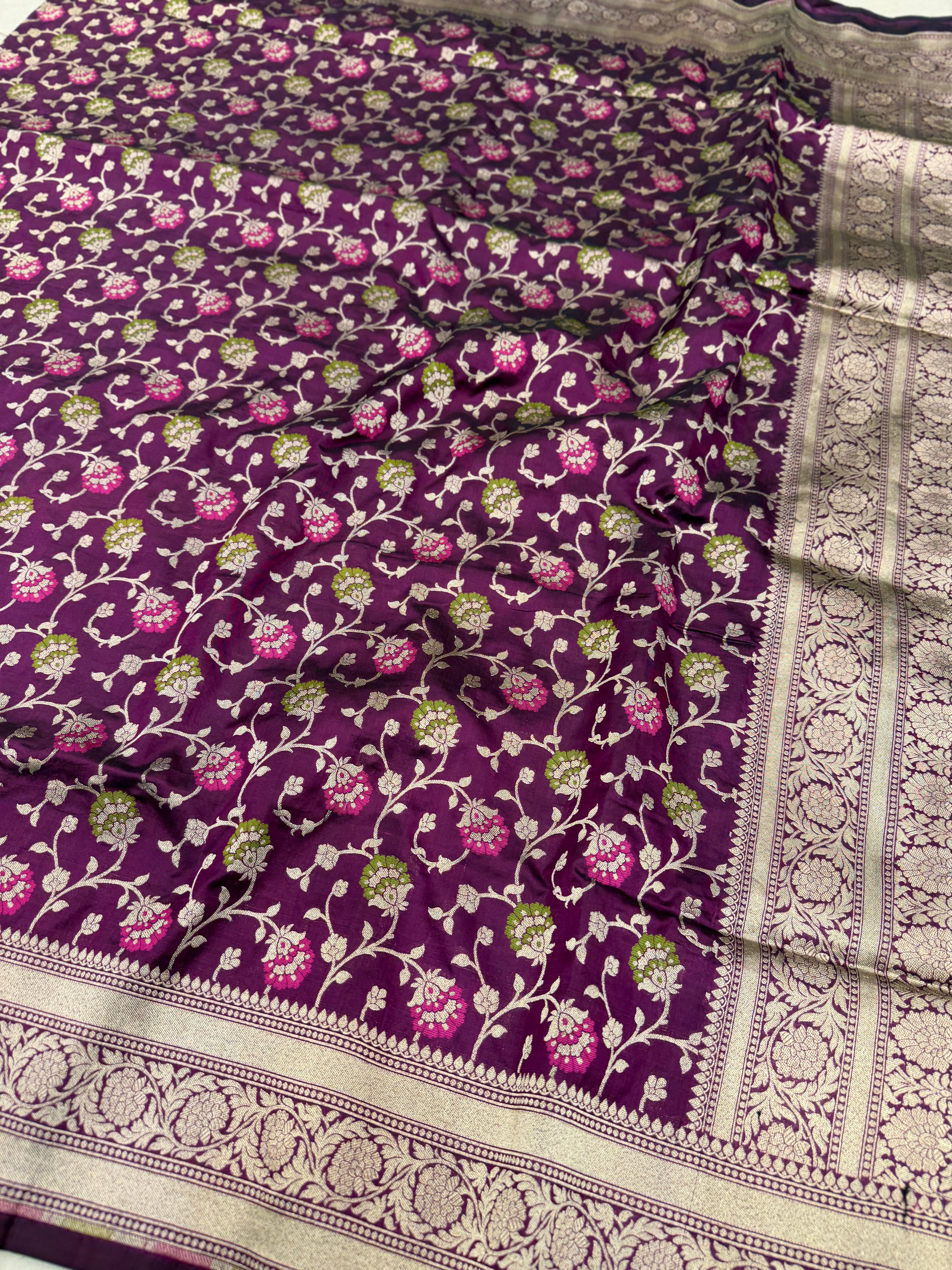 Wine Handloom Meenakari Jaal Katan Silk Saree