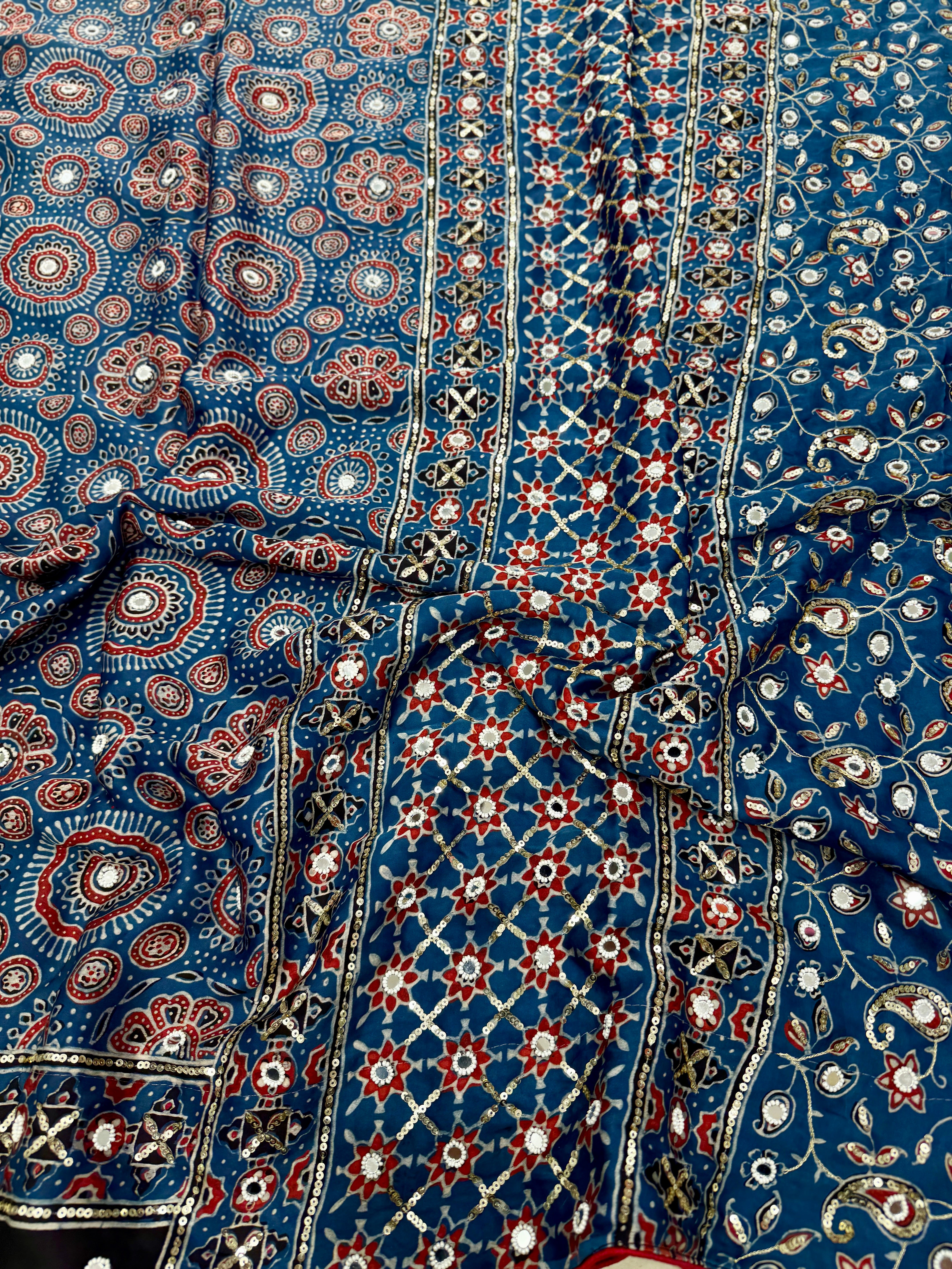 Blue Badam Butta Ajrakh Sequin Mirror Moti Hand Embroidery Saree