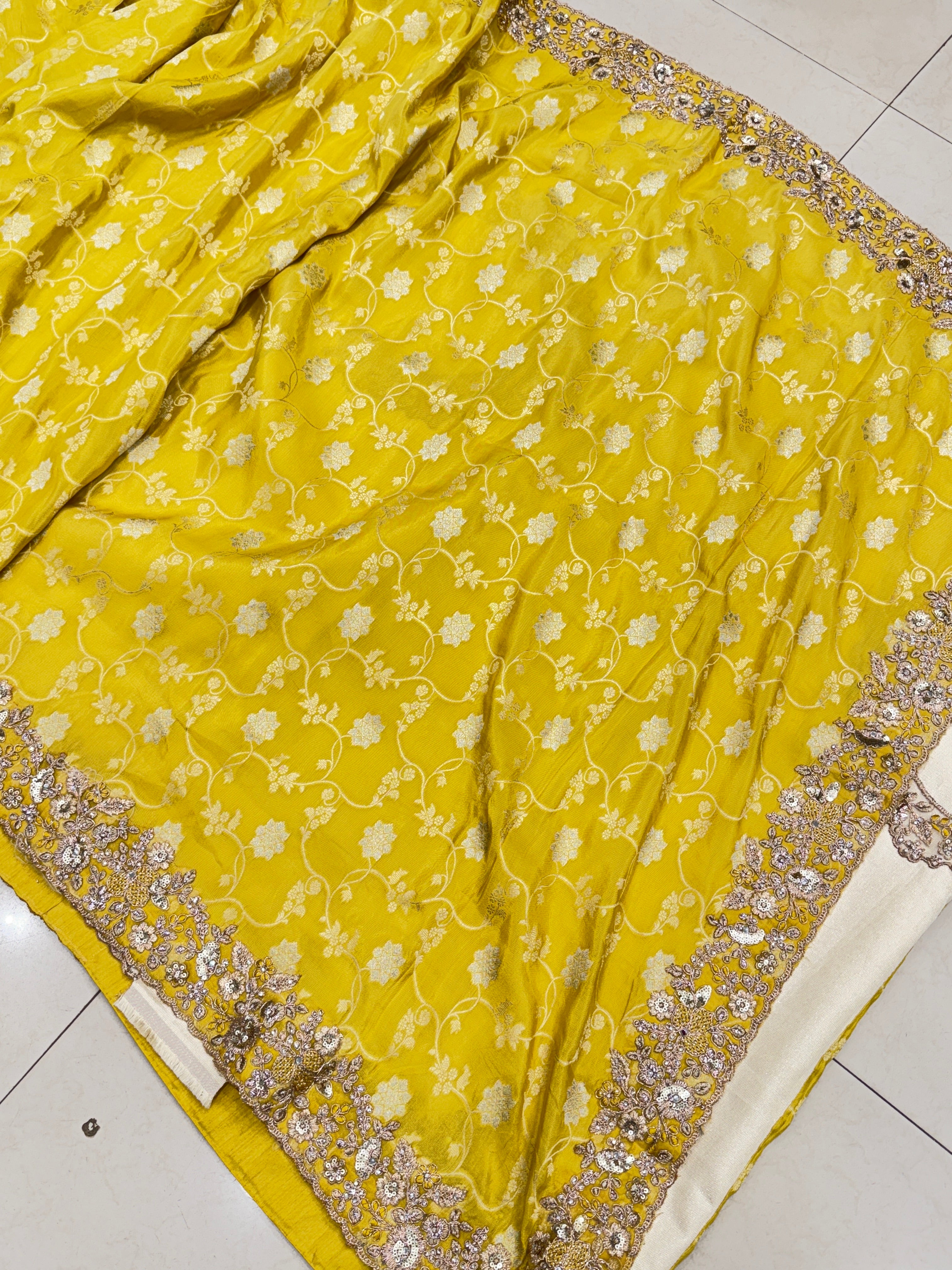 Yellow Tissue Embroidery Jaal Weaving Saree