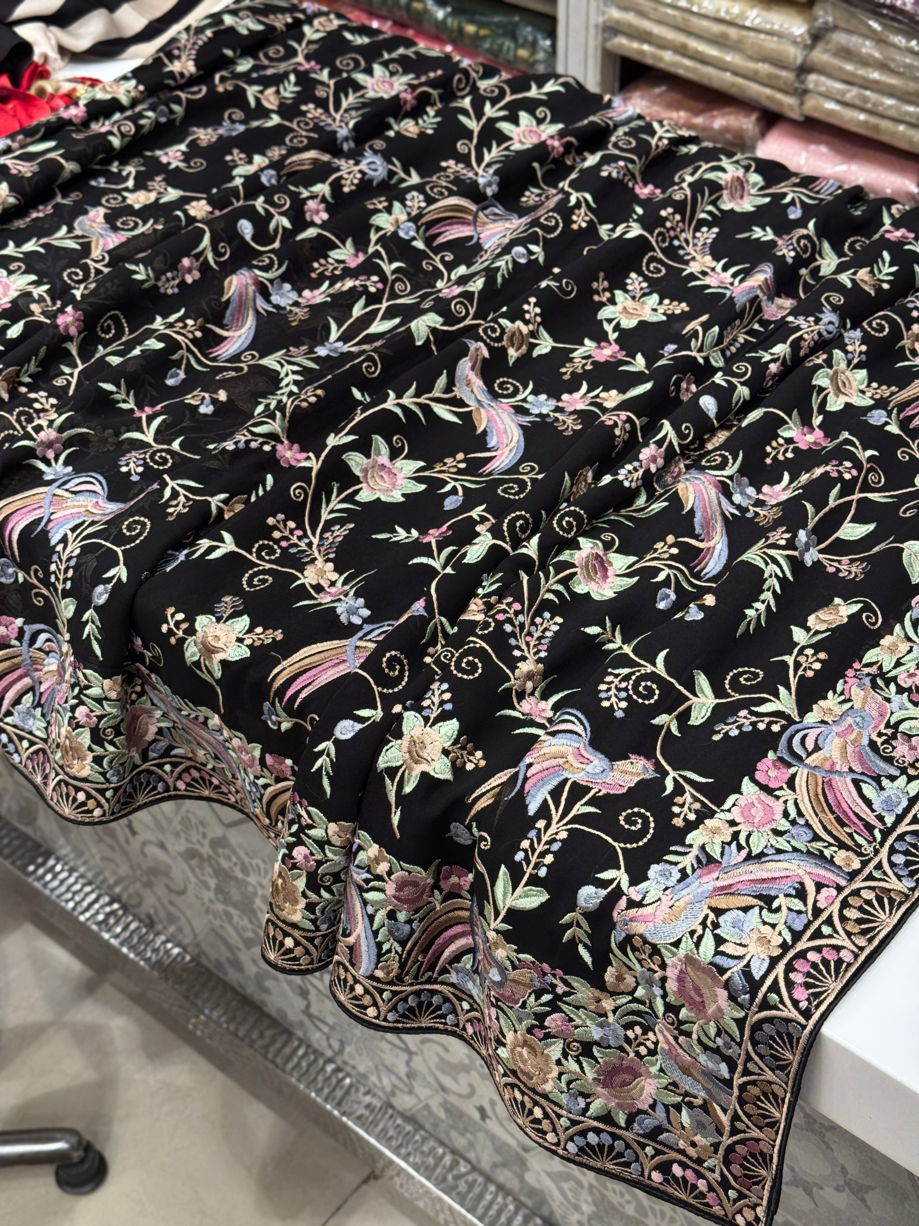 Black Multi Georgette Floral Parsi Gara Saree