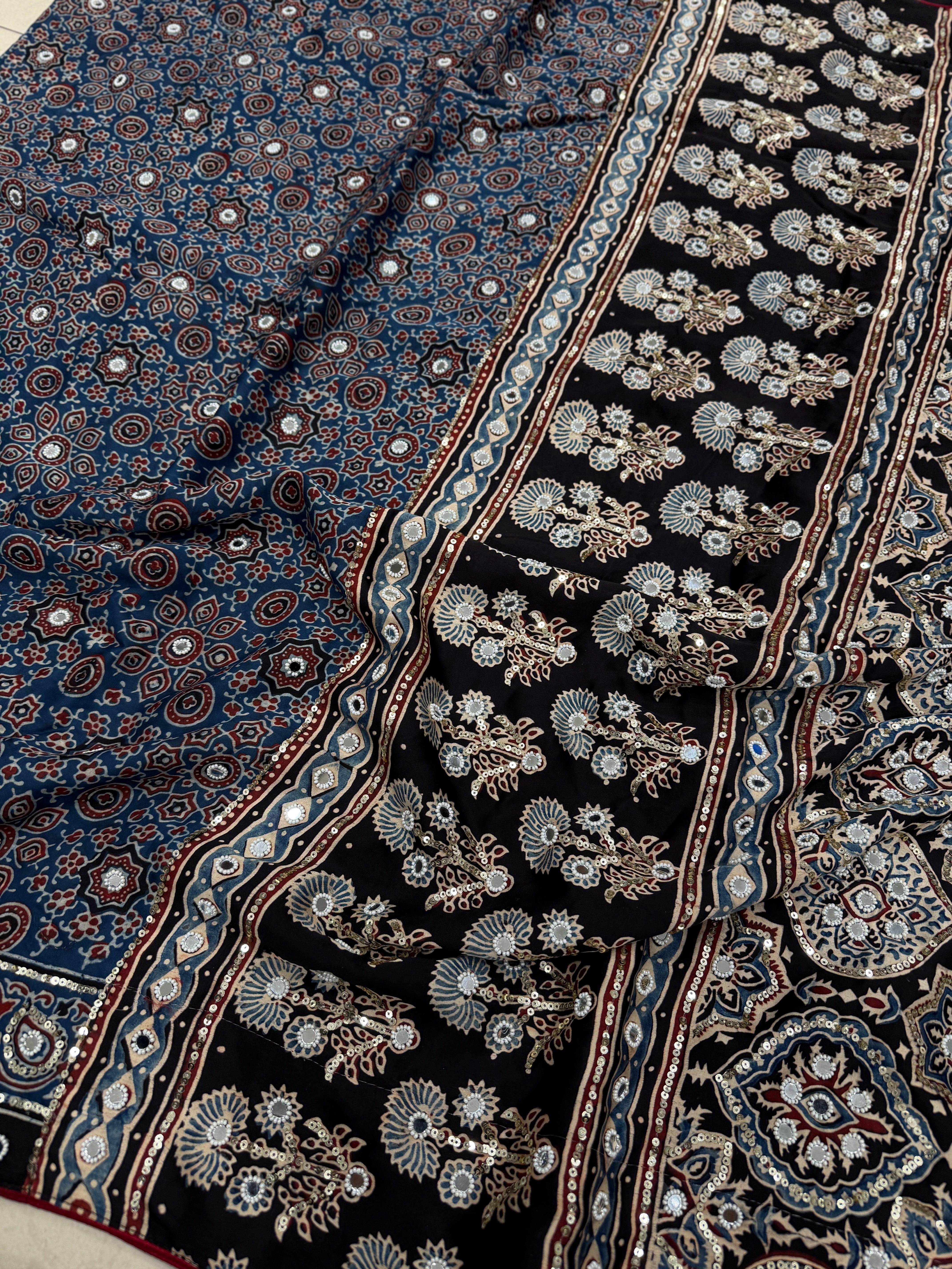 Blue Ajrakh Jaal Moti Sequin Ajrakh Hand Embroidery Saree