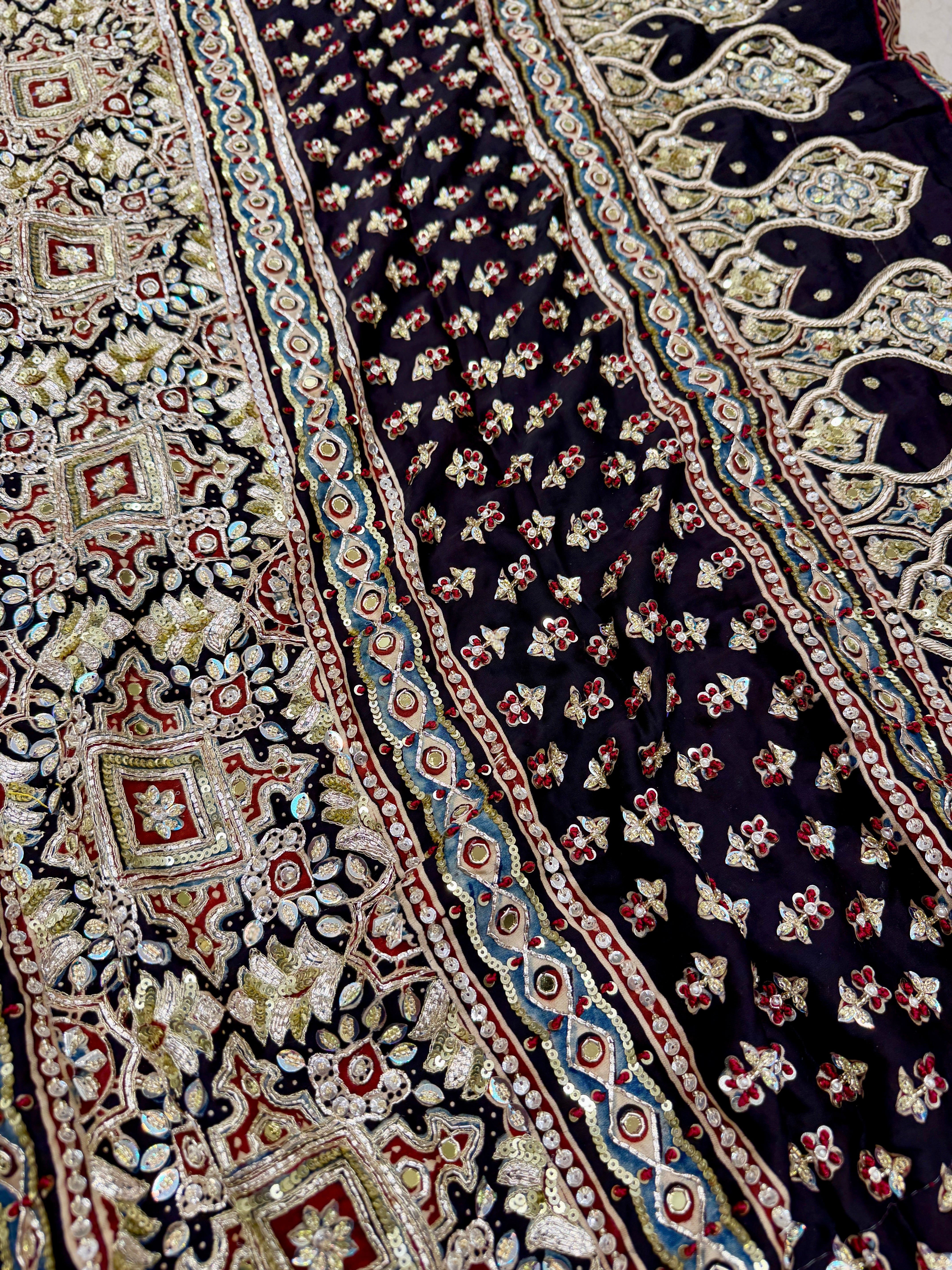 Black Abstract Jaal Pita Zardosi Sequin Ajrakh Hand Embroidery Saree