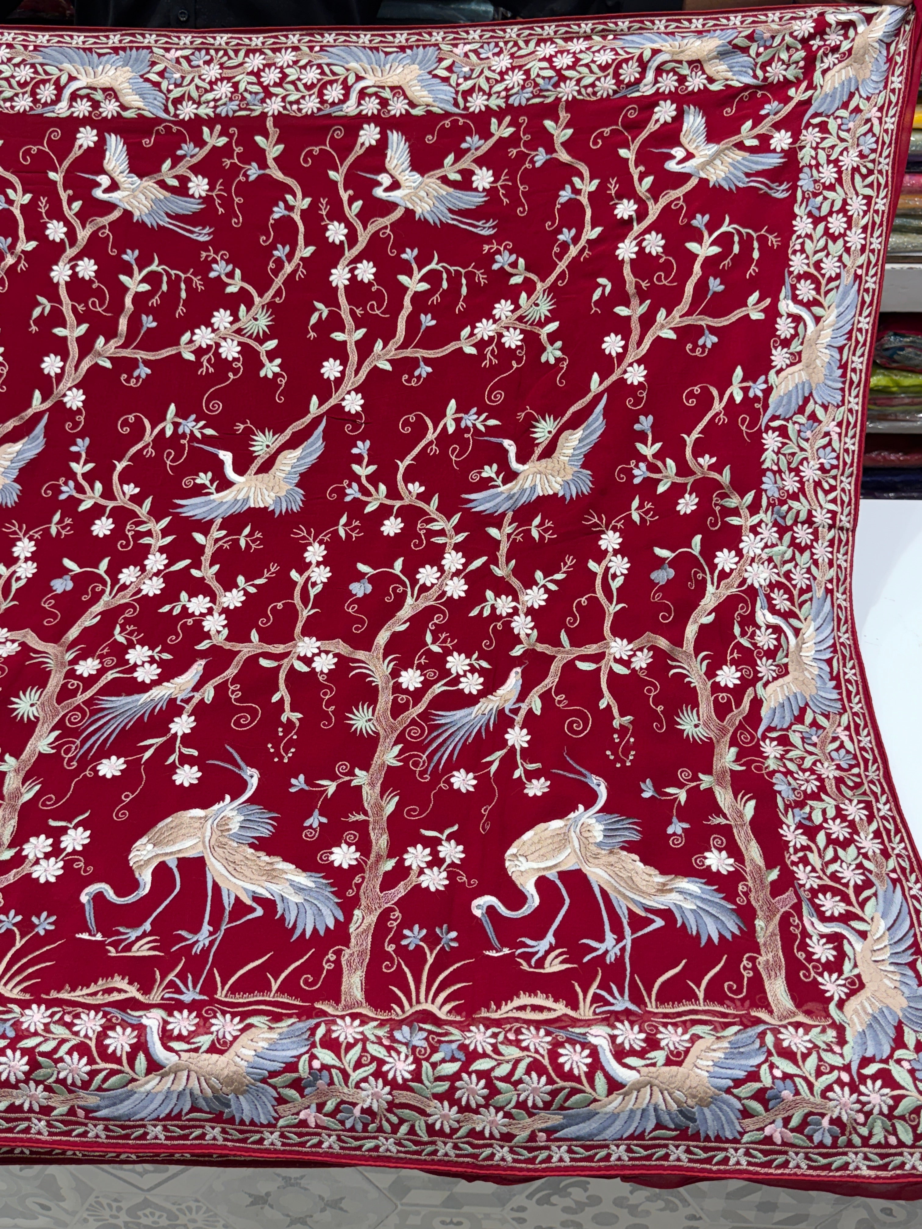 Red Tree Of Life Flamingo Parsi Gara Saree