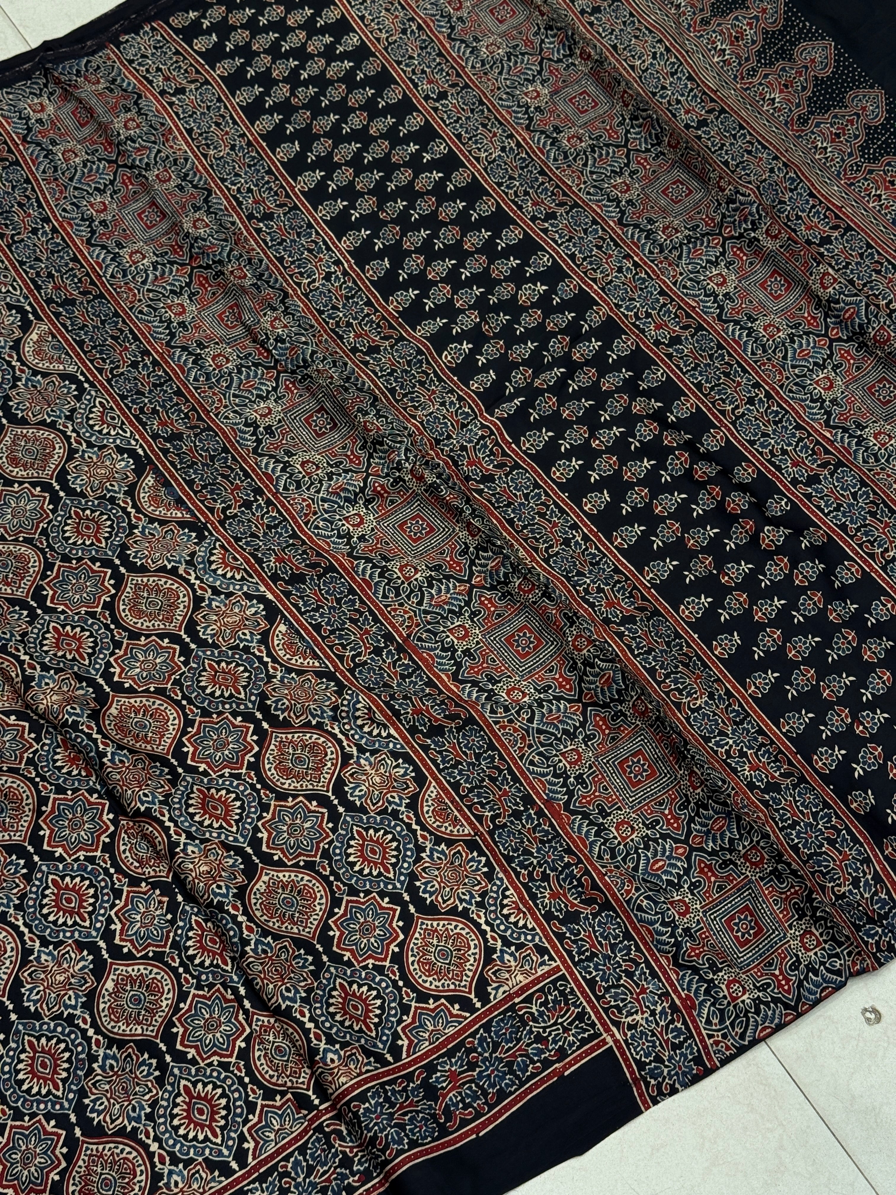 Black Badam Jaal Ajrakh Block Print Hand Pure Gajji Silk Saree