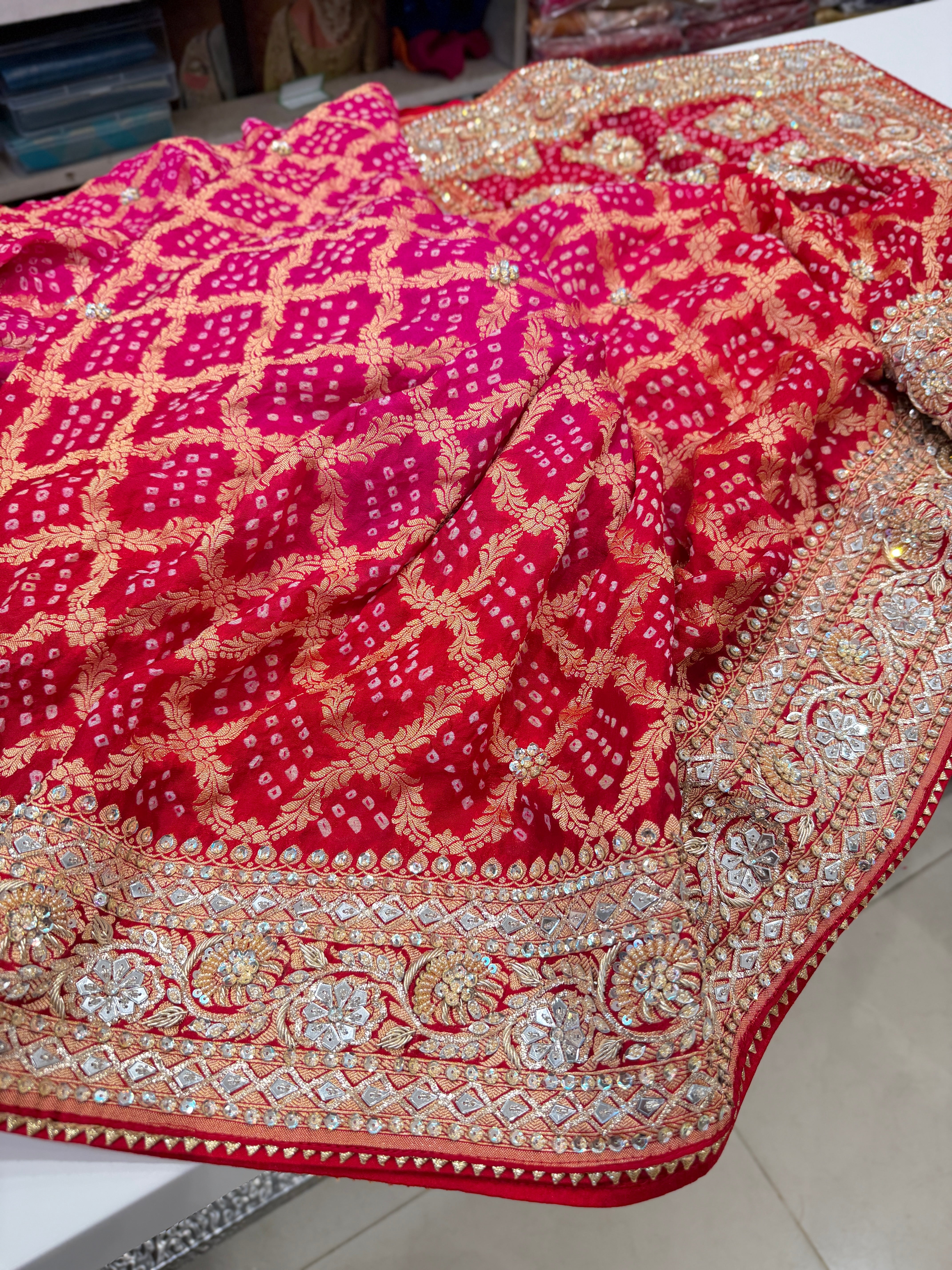 Red Rani Shaded Bandhej Zardosi Pita Hand Embroidery Saree