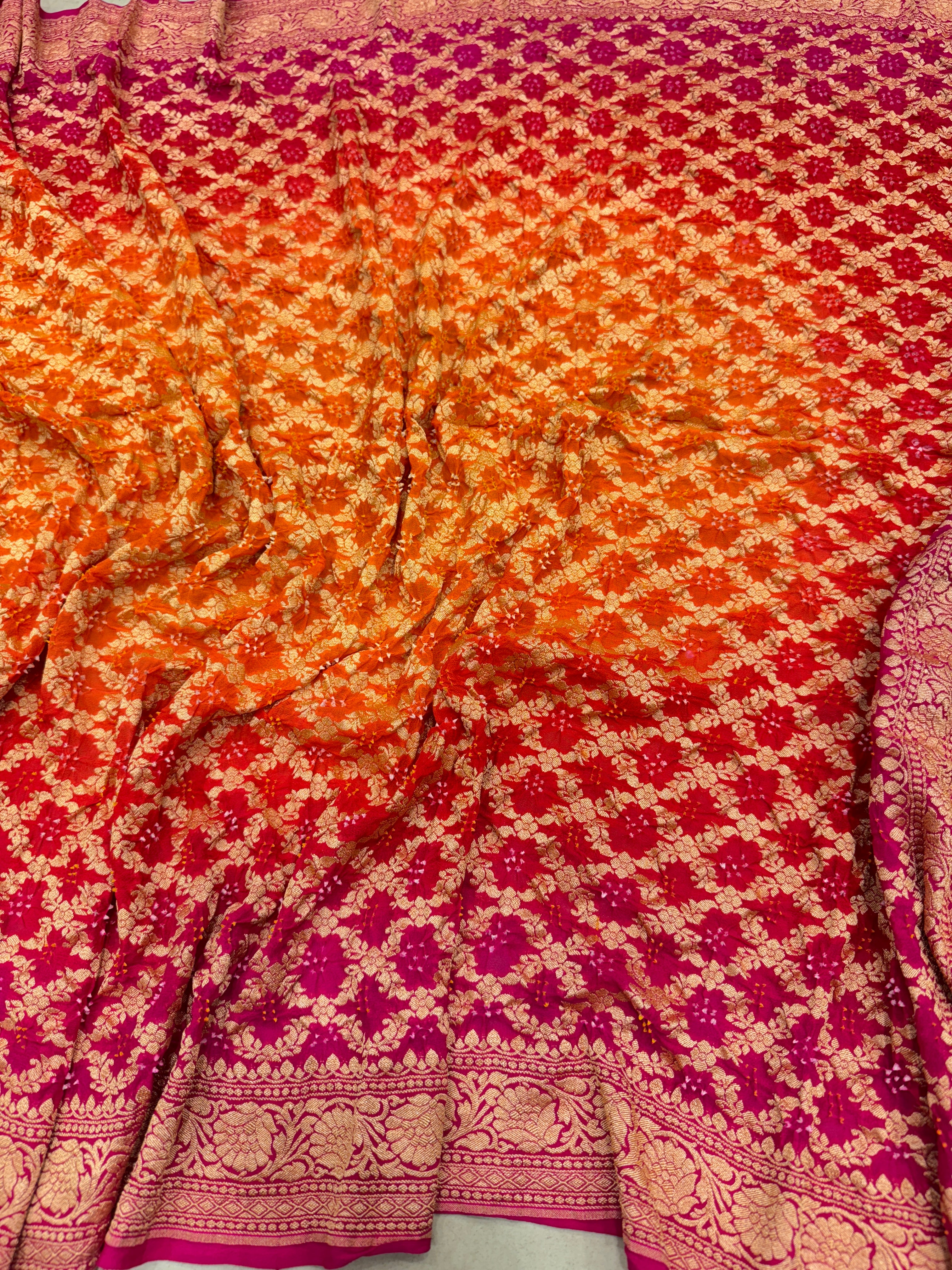Shaded Orange Rani Block Pallu Bandhej Bandhini Saree
