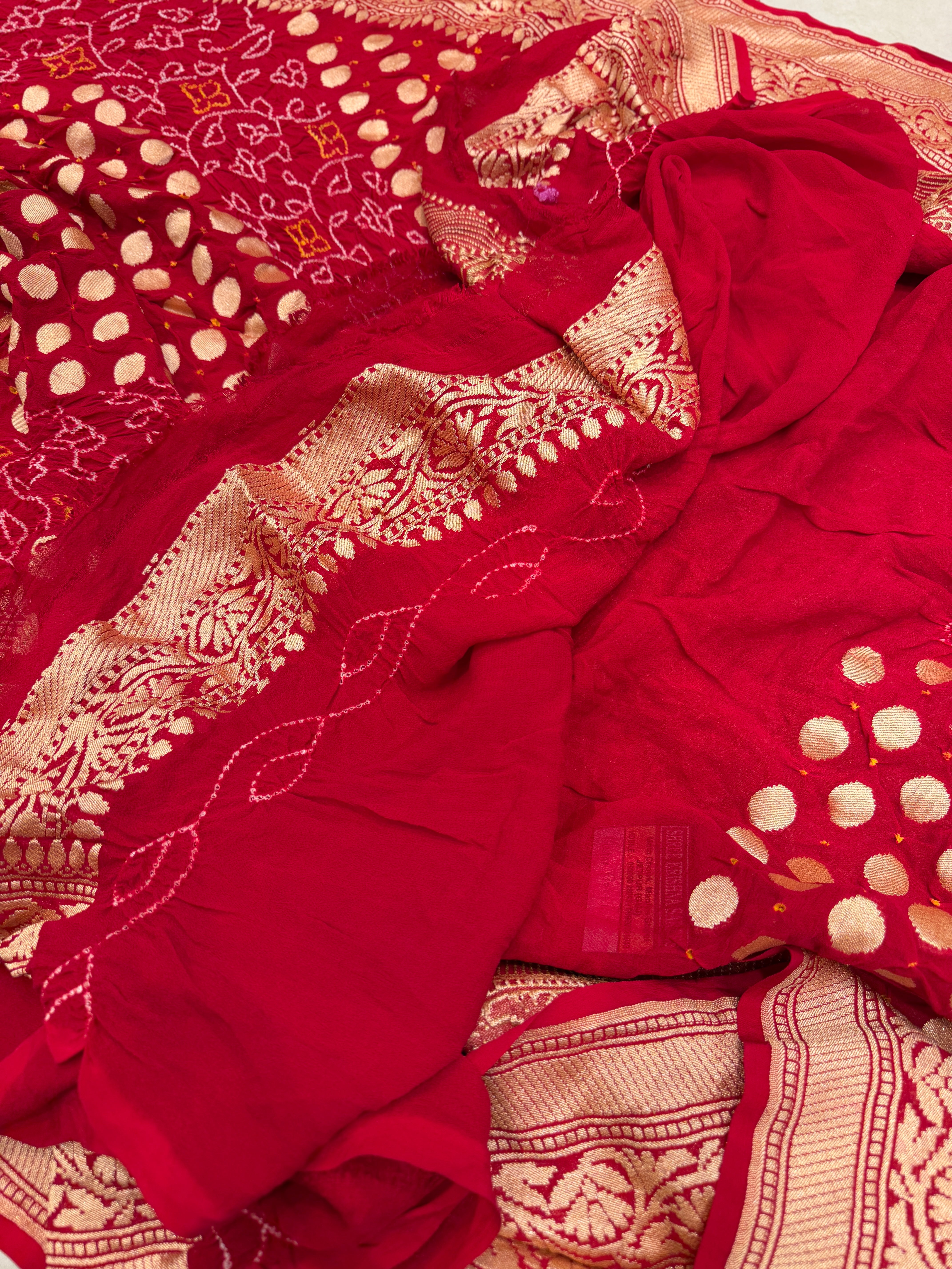 Red Metro Butti Rai Bandhej Banarasi Khaddi Georgette Saree