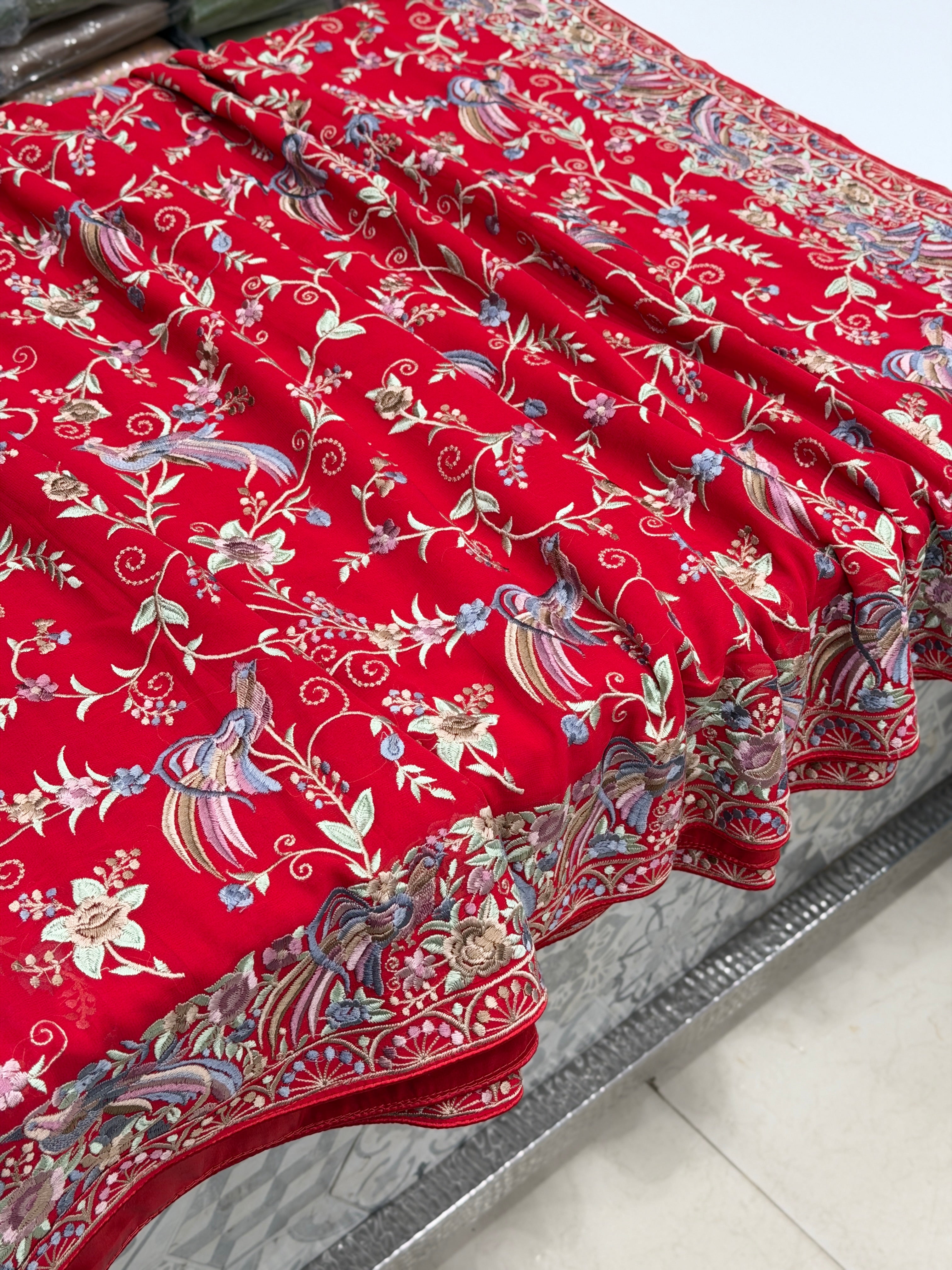 Red Georgette Meenakari Peacock Motif Jaal Parsi Gara Saree