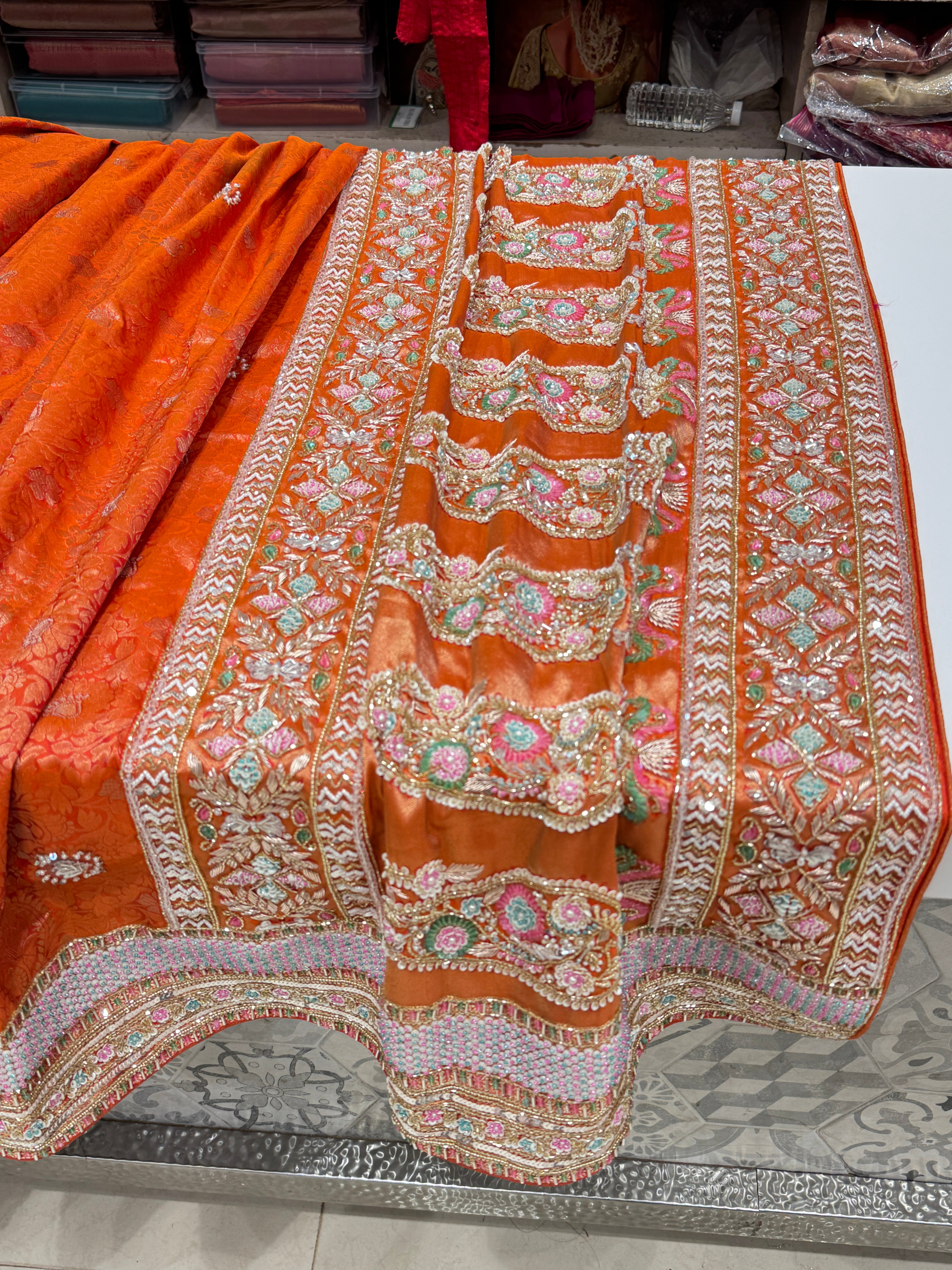 Rust Orange Kanjivaram Silk Hand Embroidery Saree