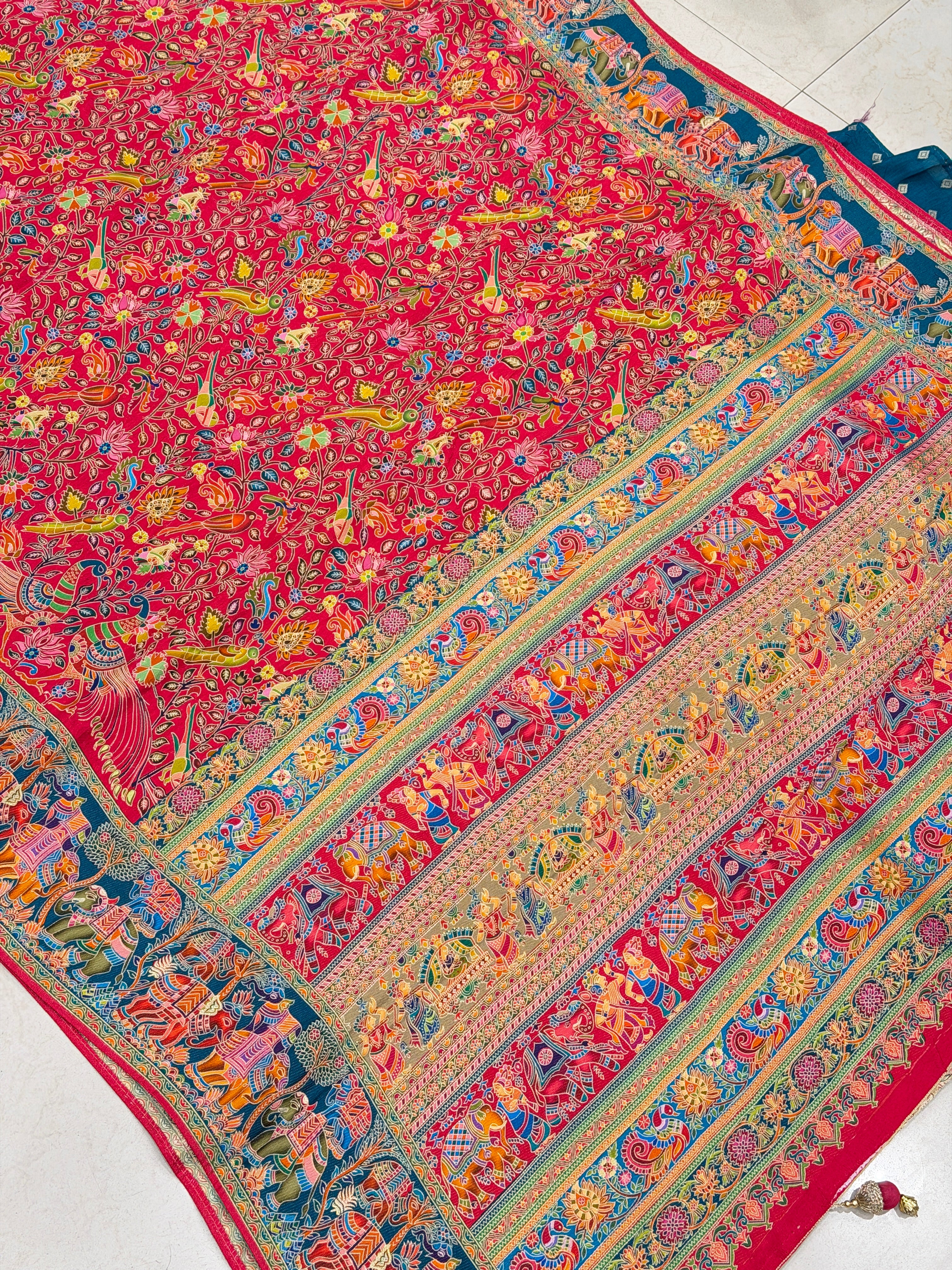 Red Blue Weaved Pashmina Style Multi Colour Saree