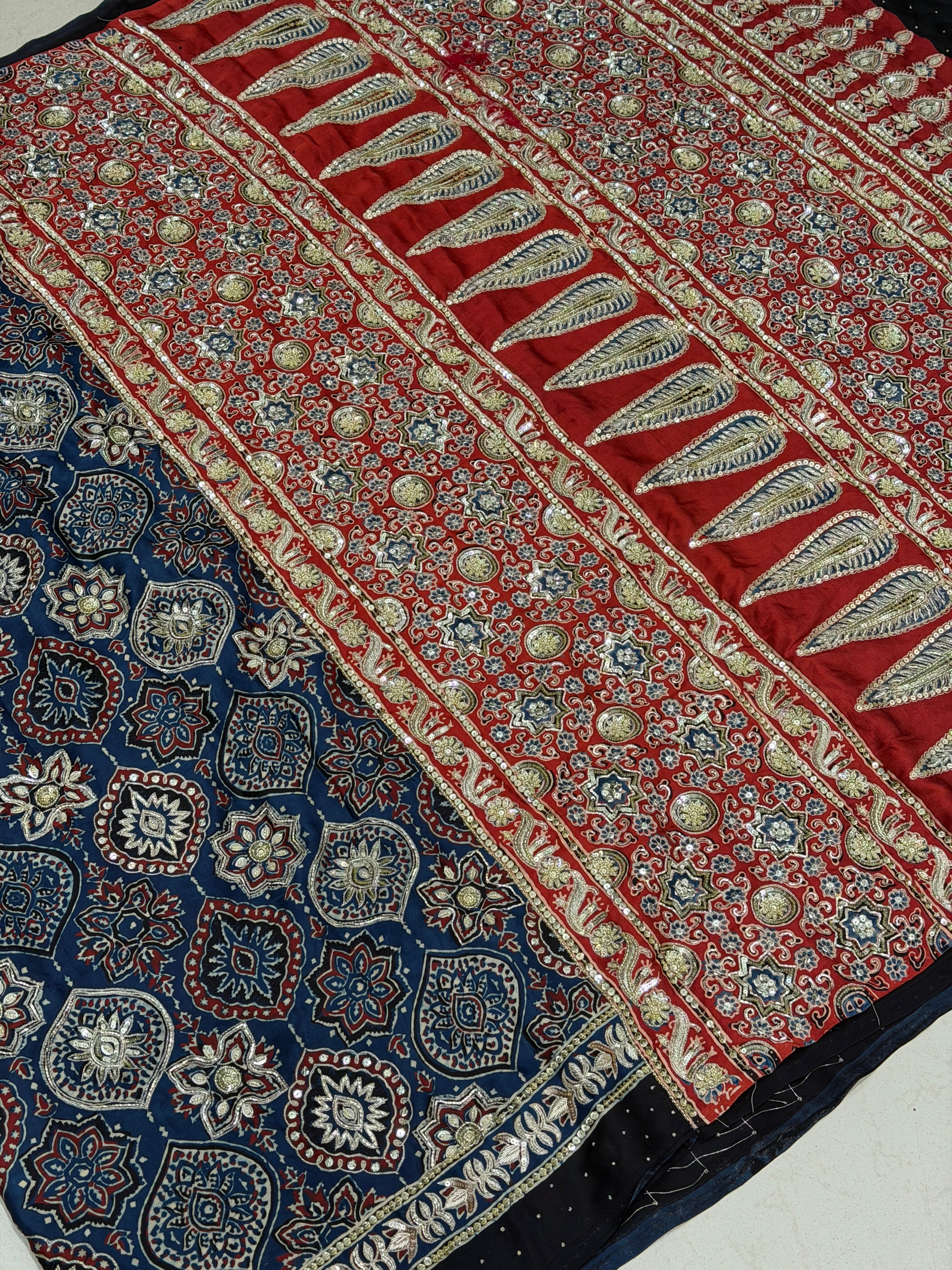 Blue Red Badam Butta Pita Zardosi Sequin Ajrakh Hand Embroidery Saree