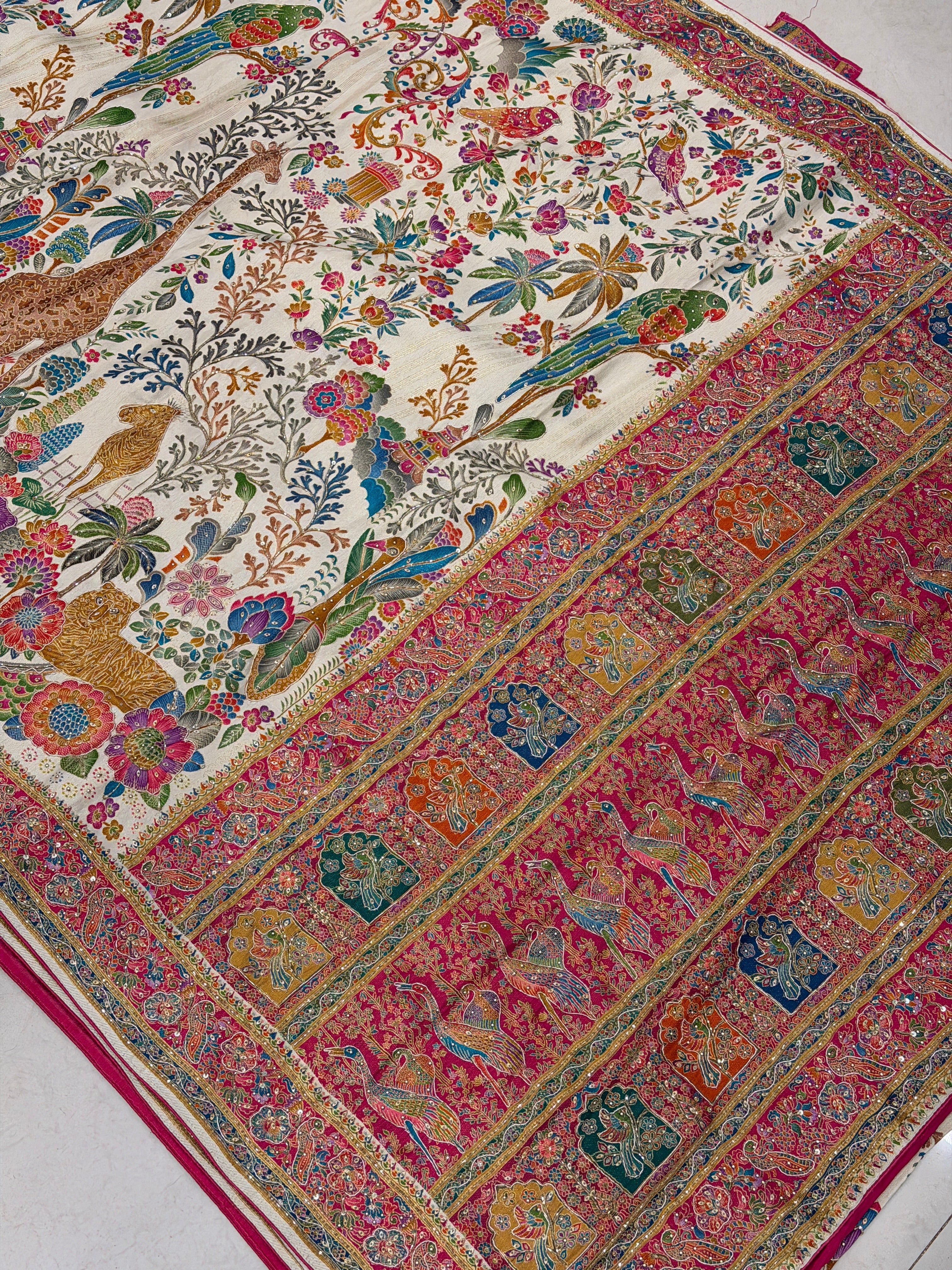 Beige Munga Forrest Essential Theme Pashmina Munga Hand Embroidery Saree