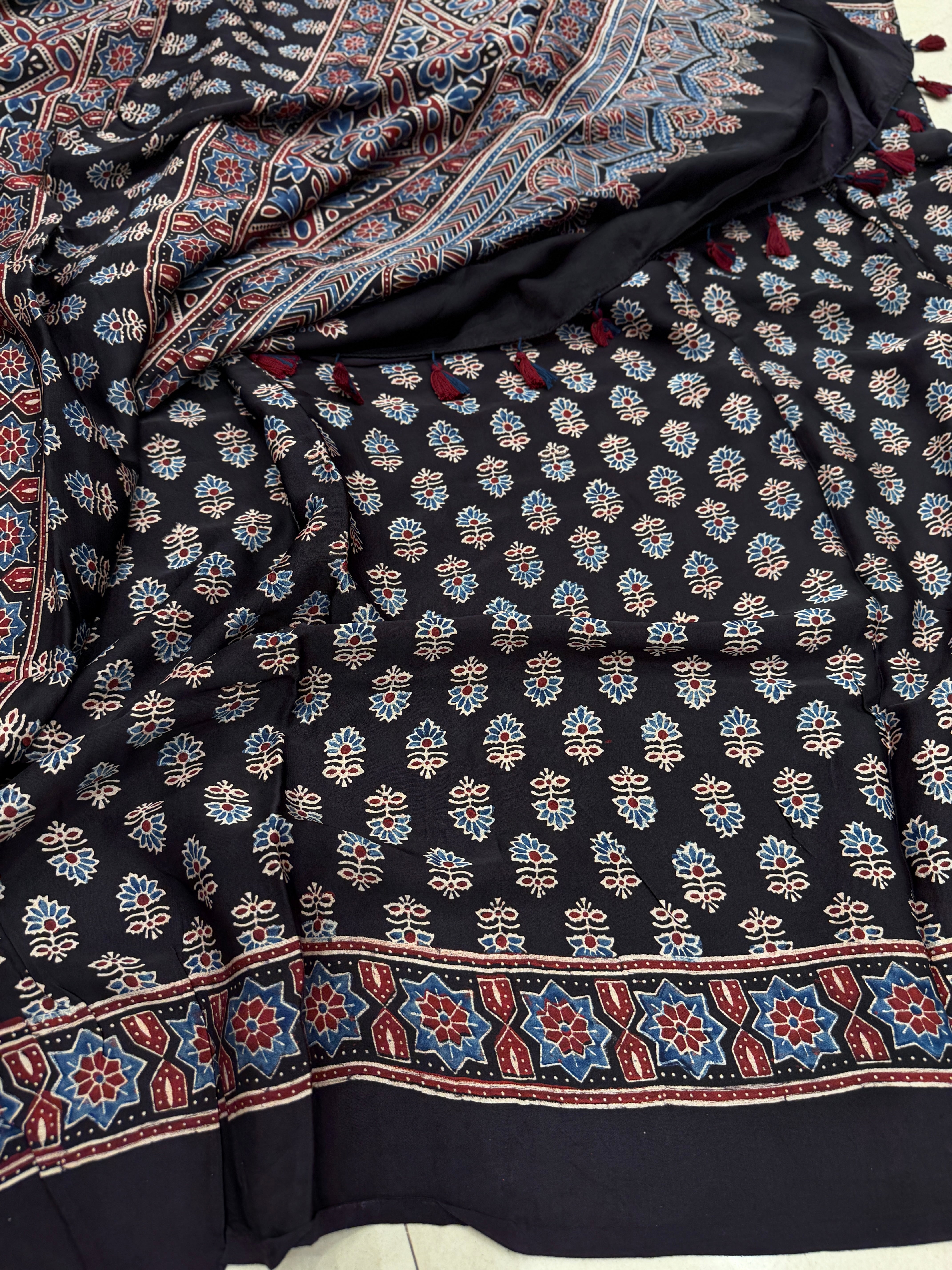 Black Floral Jaal Ajrakh Hand Block Print Pure Modal Silk Saree