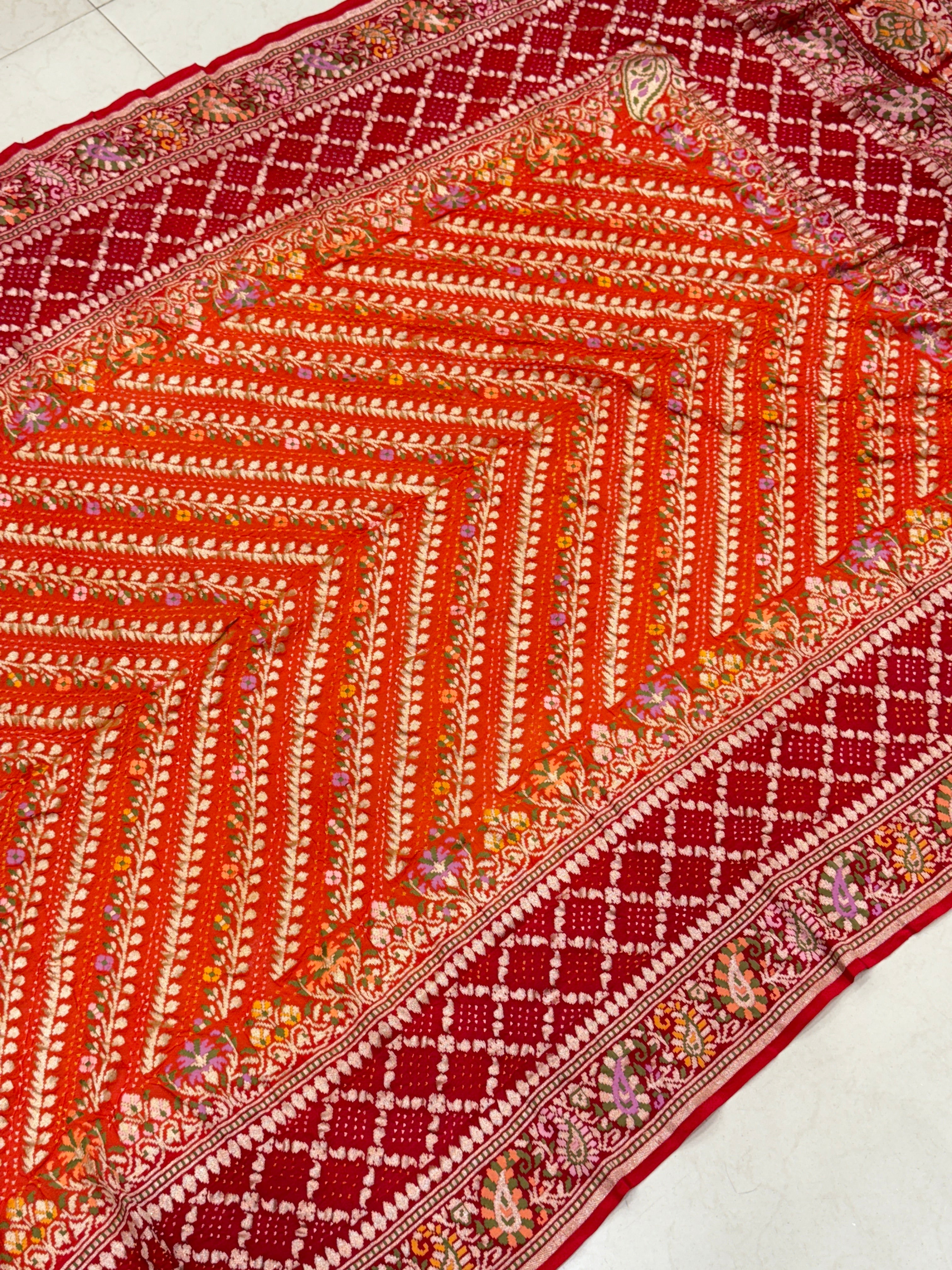 Orange Red Double Border Meenakari Rai Bandhej Georgette Bandhini Saree