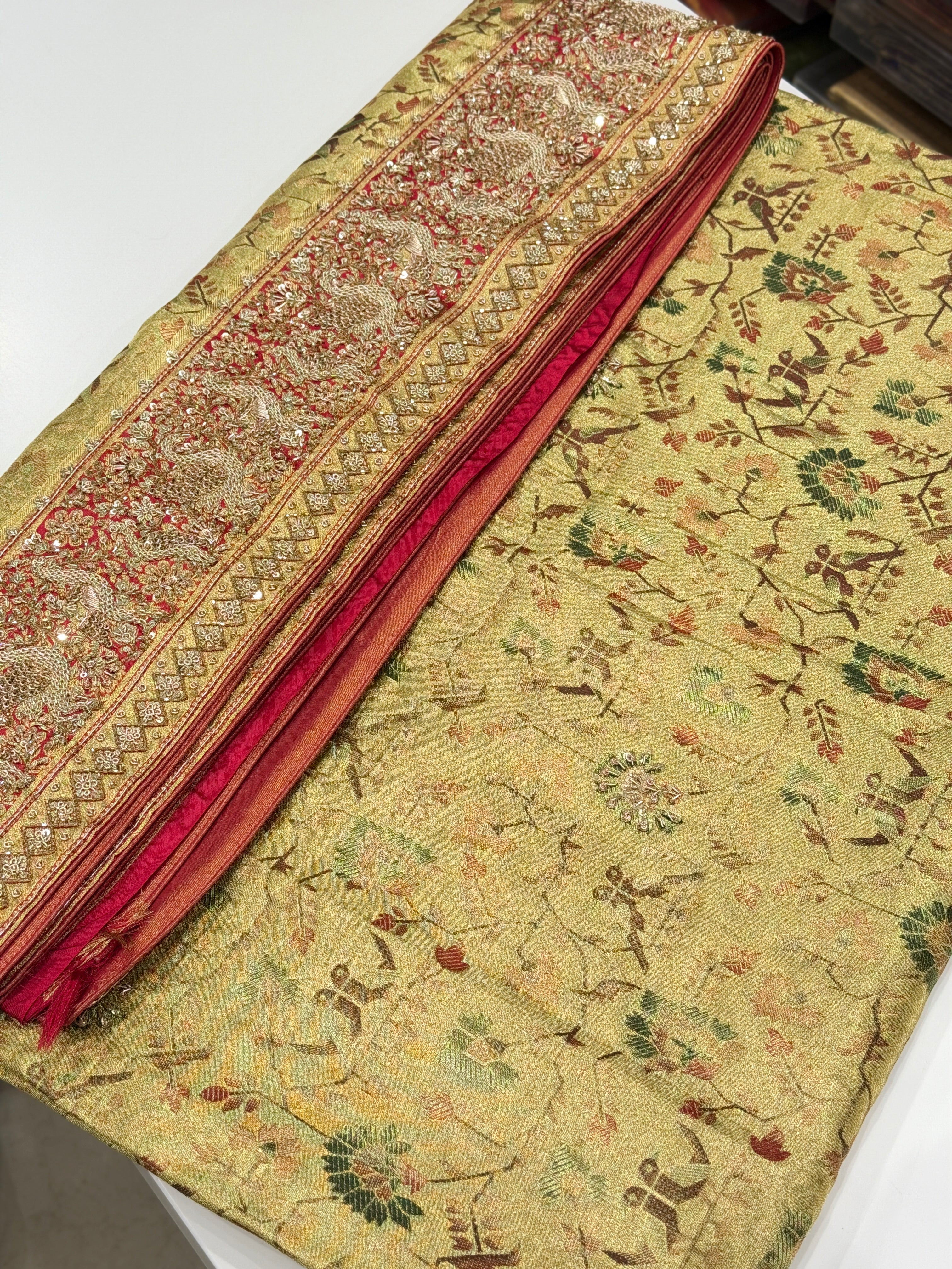 Pista Green Tissue Kanjivaram Paithani Style Zardosi Hand Embroidery Saree