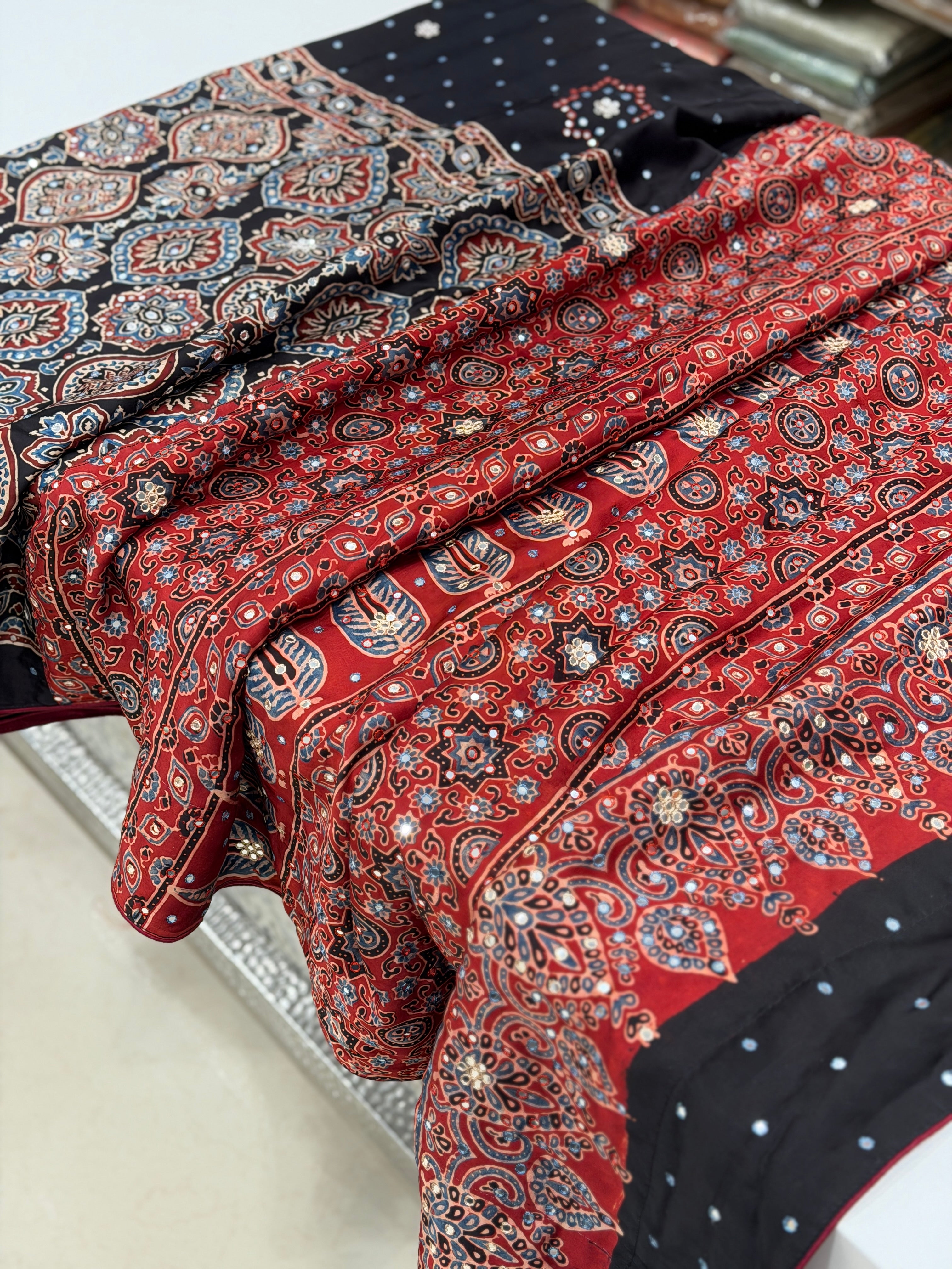 Black Red Badam Buttas Ajrakh Hand Embroidery Mirror Saree