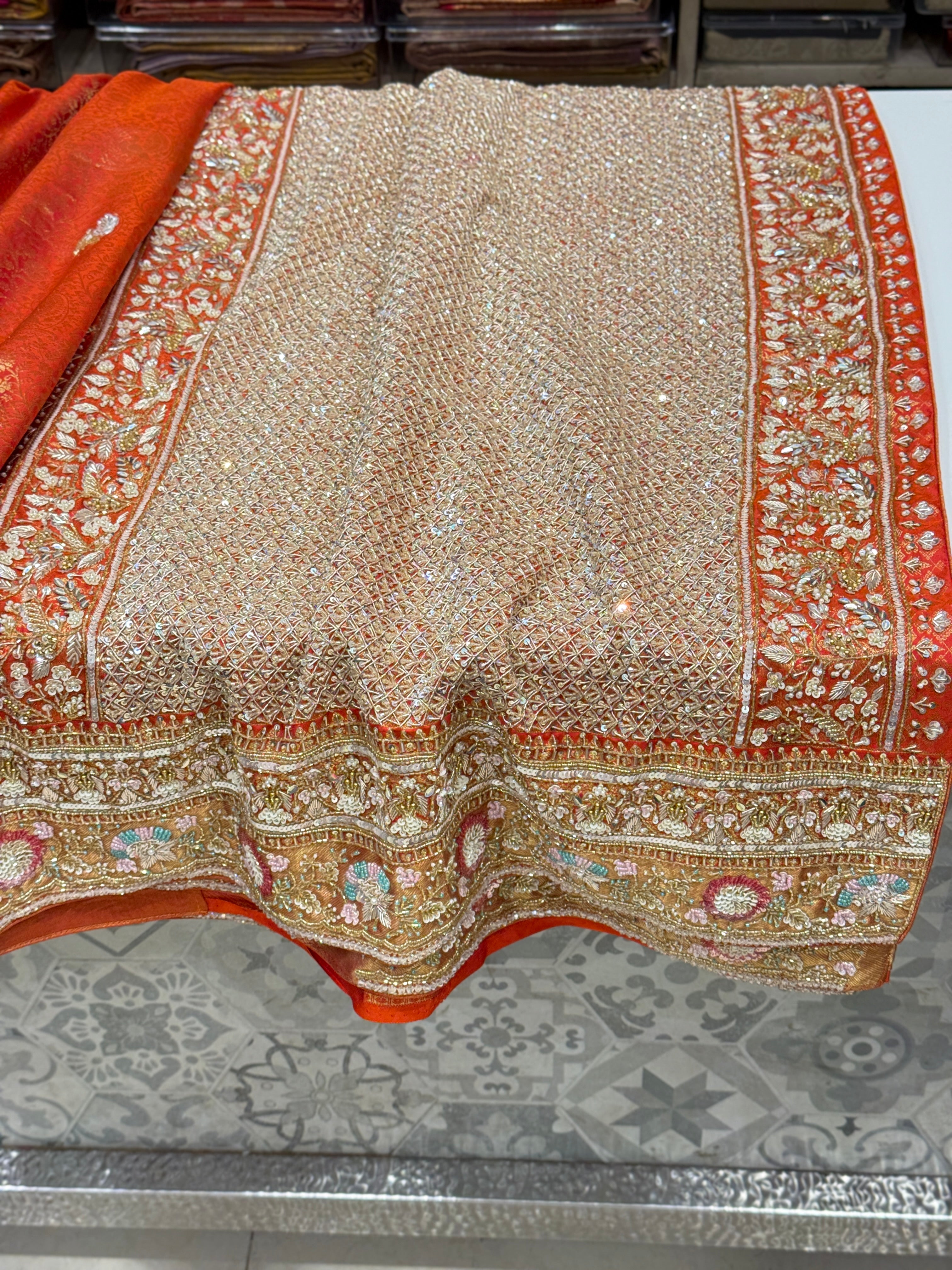 Rust Orange Kanjivaram Hand Embroidery Saree