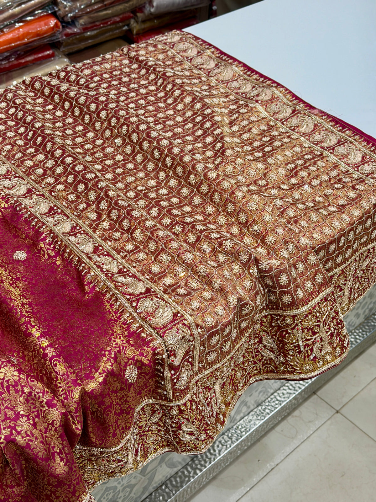 Maroonish Wine Kanjivaram Landscape Zardosi Hand Embroidery Saree