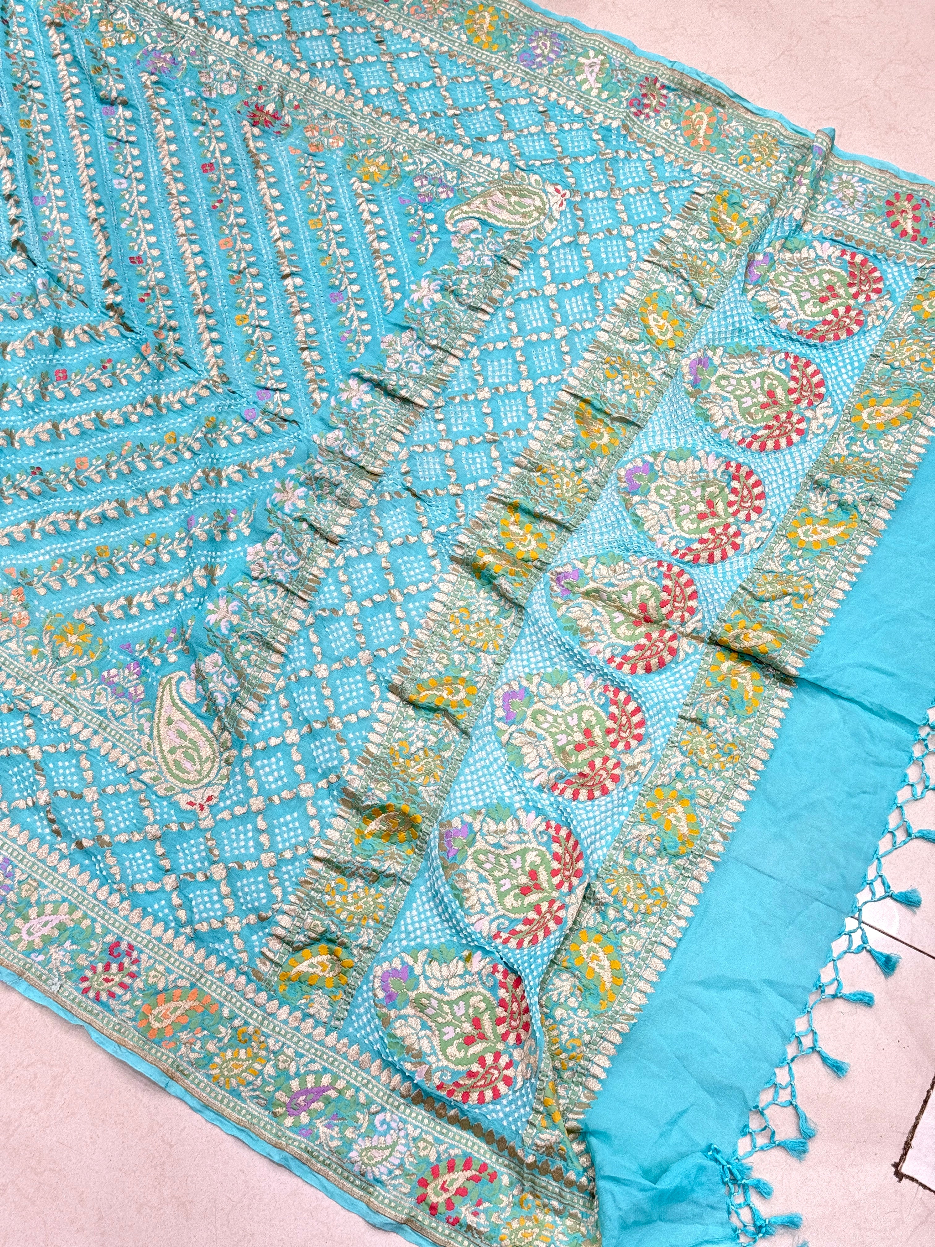 Light Blue Double Border Meenakari Rai Bandhej Georgette Bandhini Saree