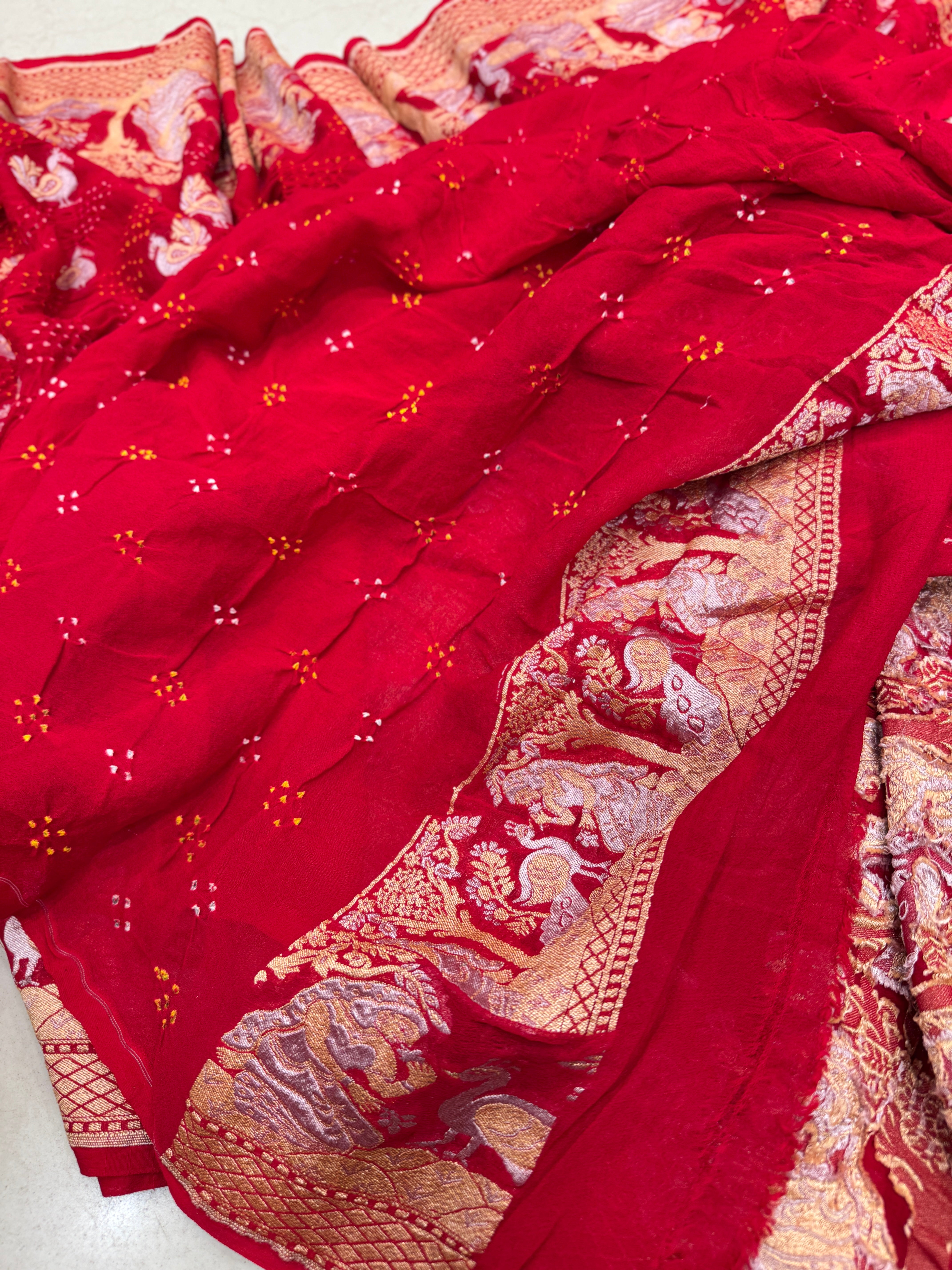 Red Sona Roopa Handmade Bandhej Saree