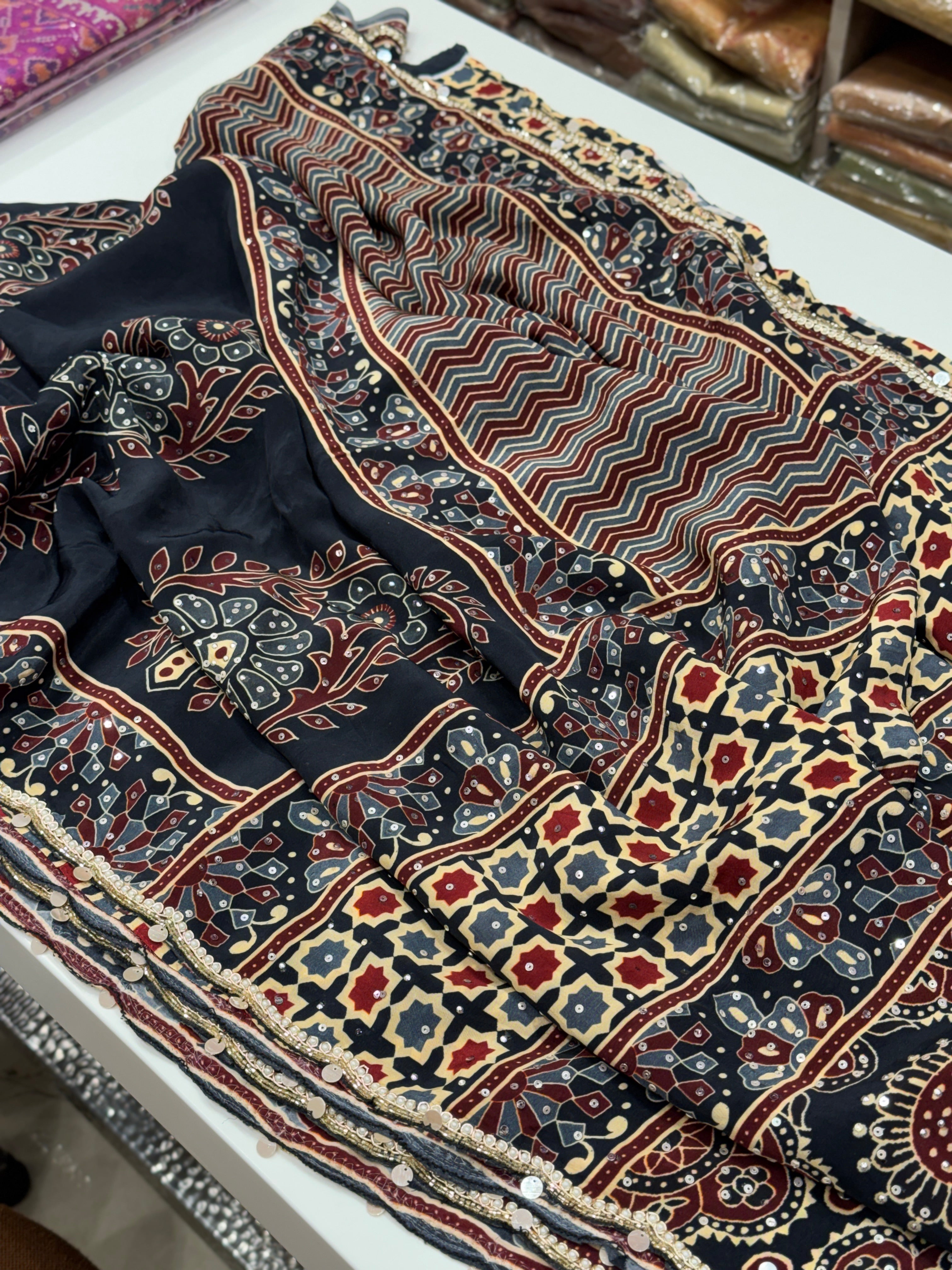 Ajrakh Satin Digital Print Hand Embroidery Saree