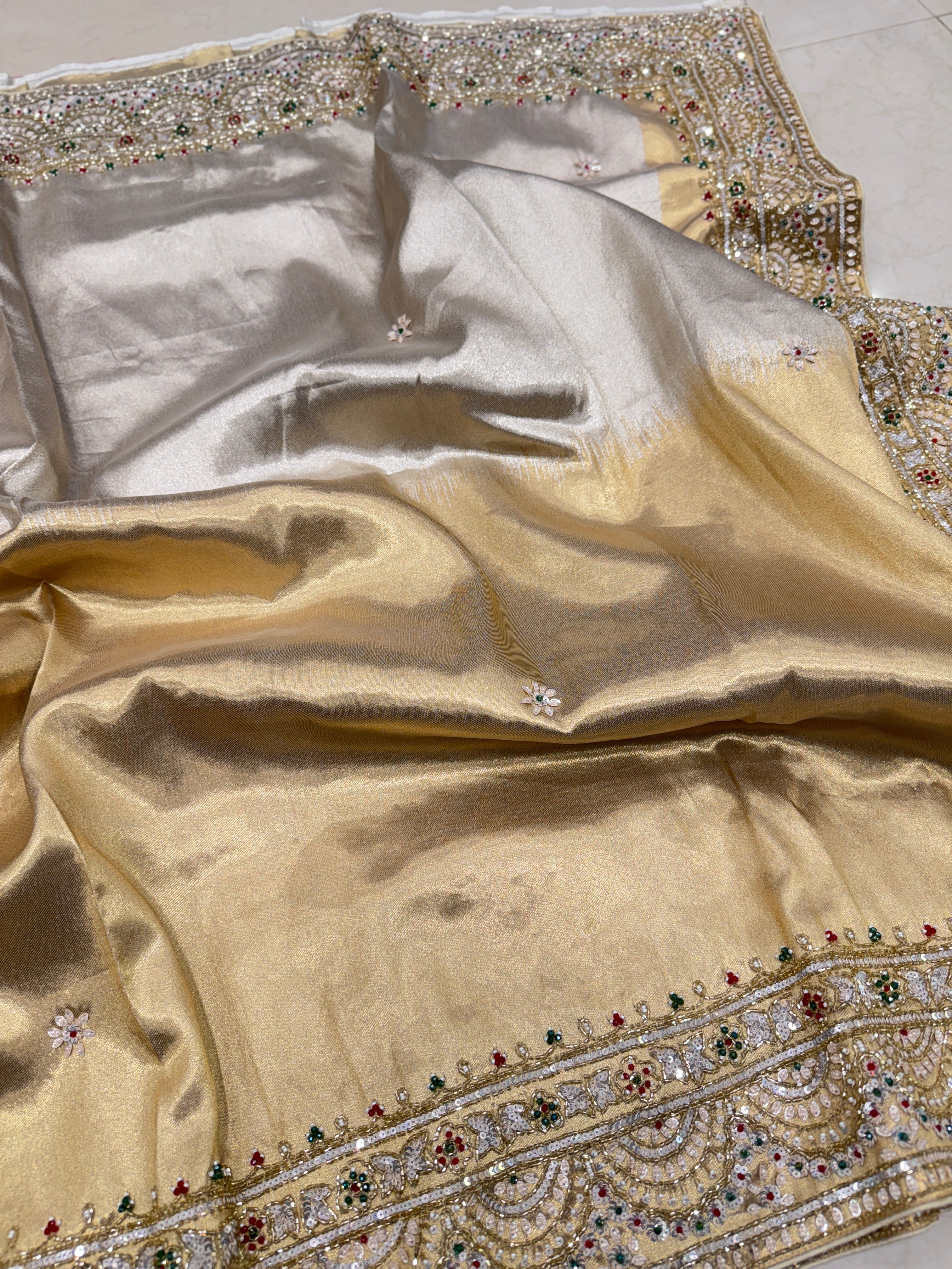 Silver Golden Alia Bhatt Inspired Tissue Embroidery Saree